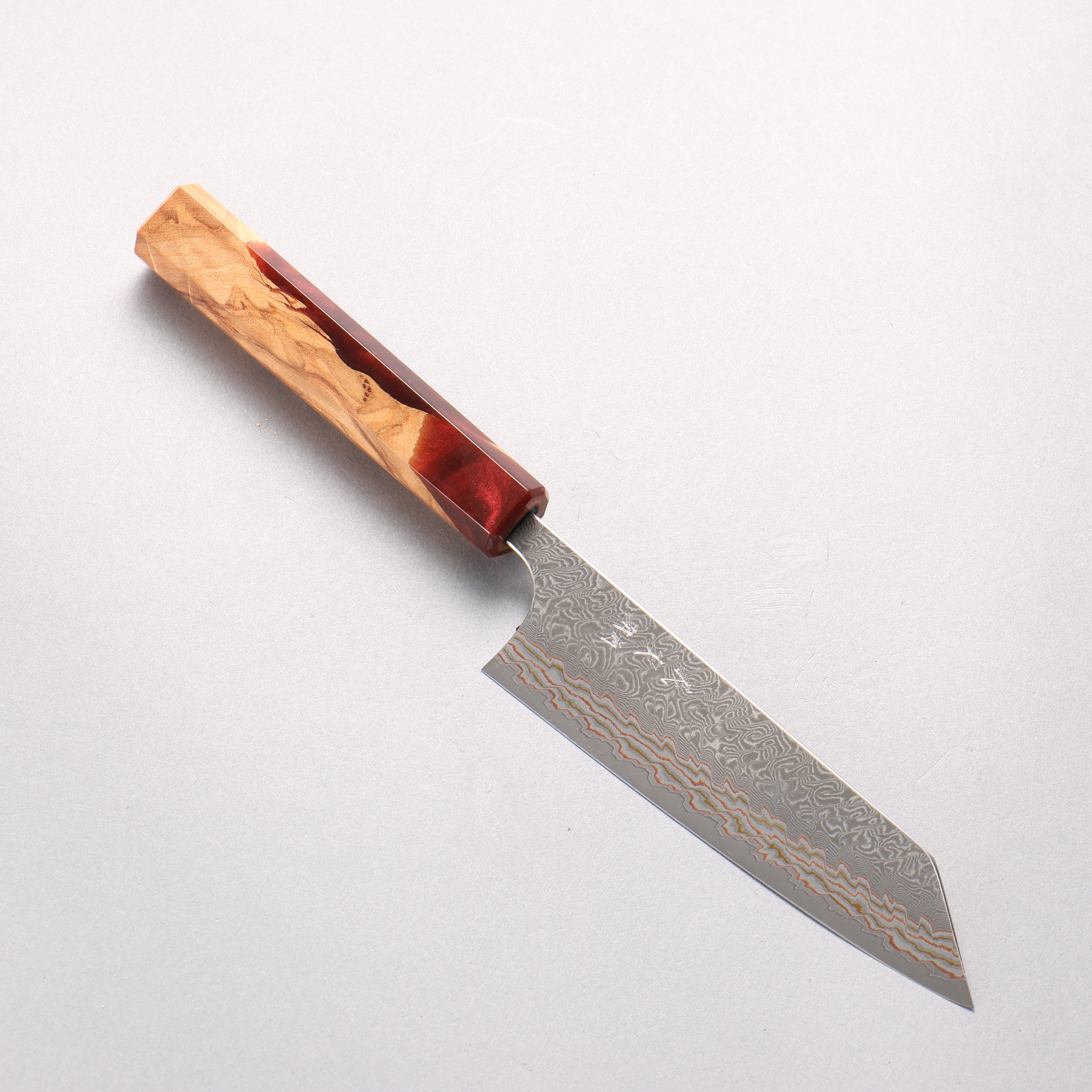 Yoshimi Kato VG10w Colored Damascus Small Bunka 130mm Olive Tree and Red Resin Handle - Seisuke Knife