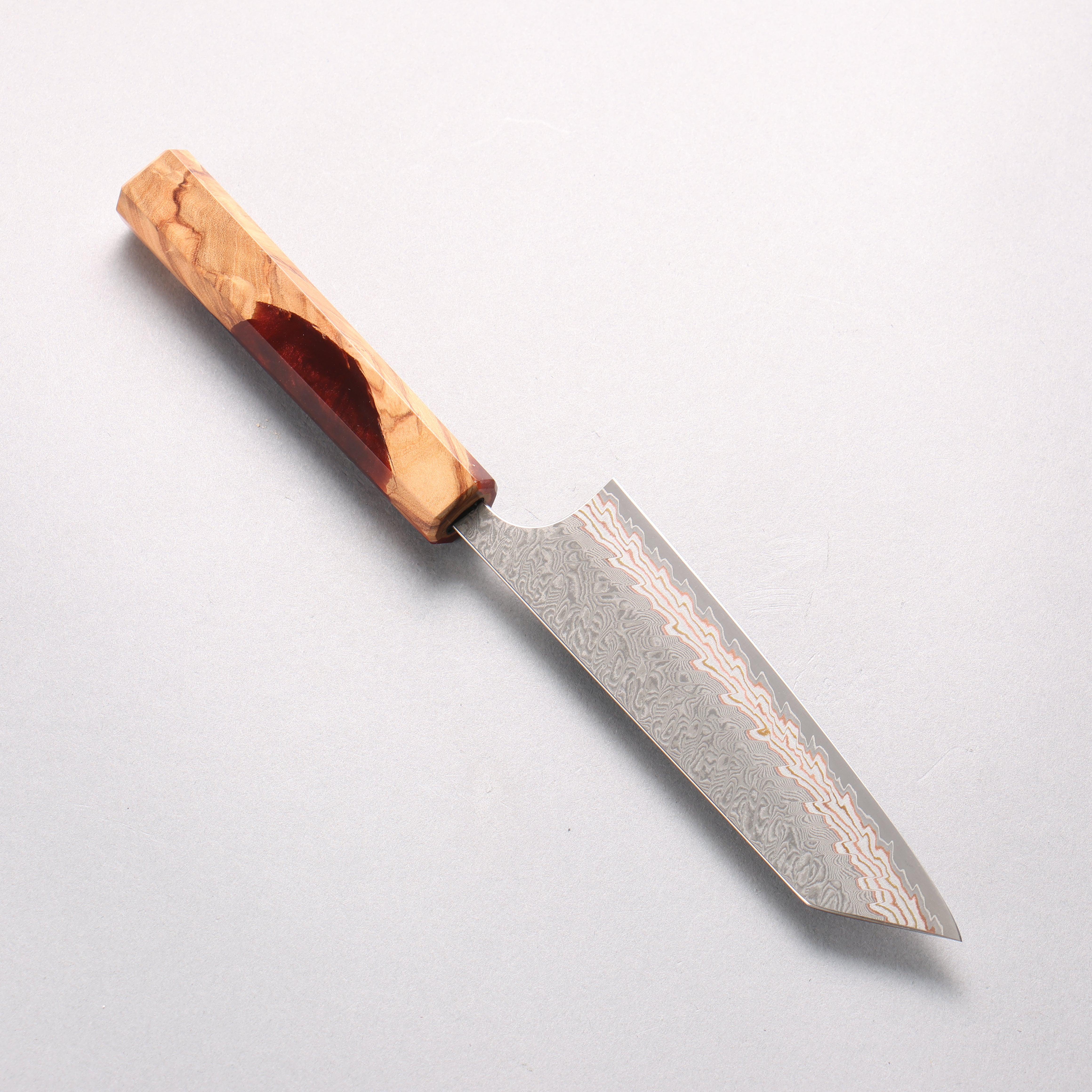 Yoshimi Kato VG10w Colored Damascus Small Bunka 130mm Olive Tree and Red Resin Handle - Seisuke Knife
