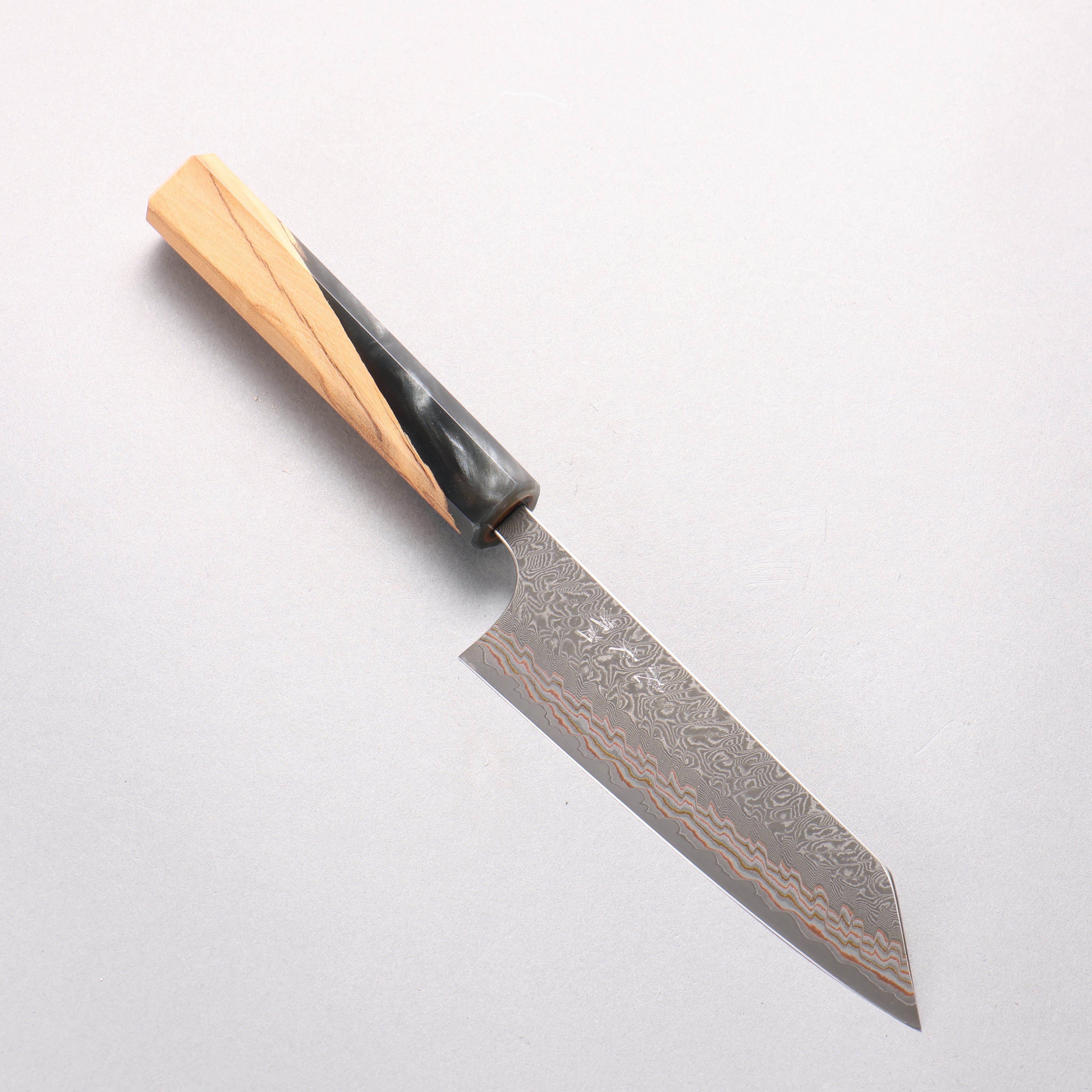 Yoshimi Kato VG10w Colored Damascus Small Bunka 130mm Olive Tree and Black/White Marble Resin Handle - Seisuke Knife