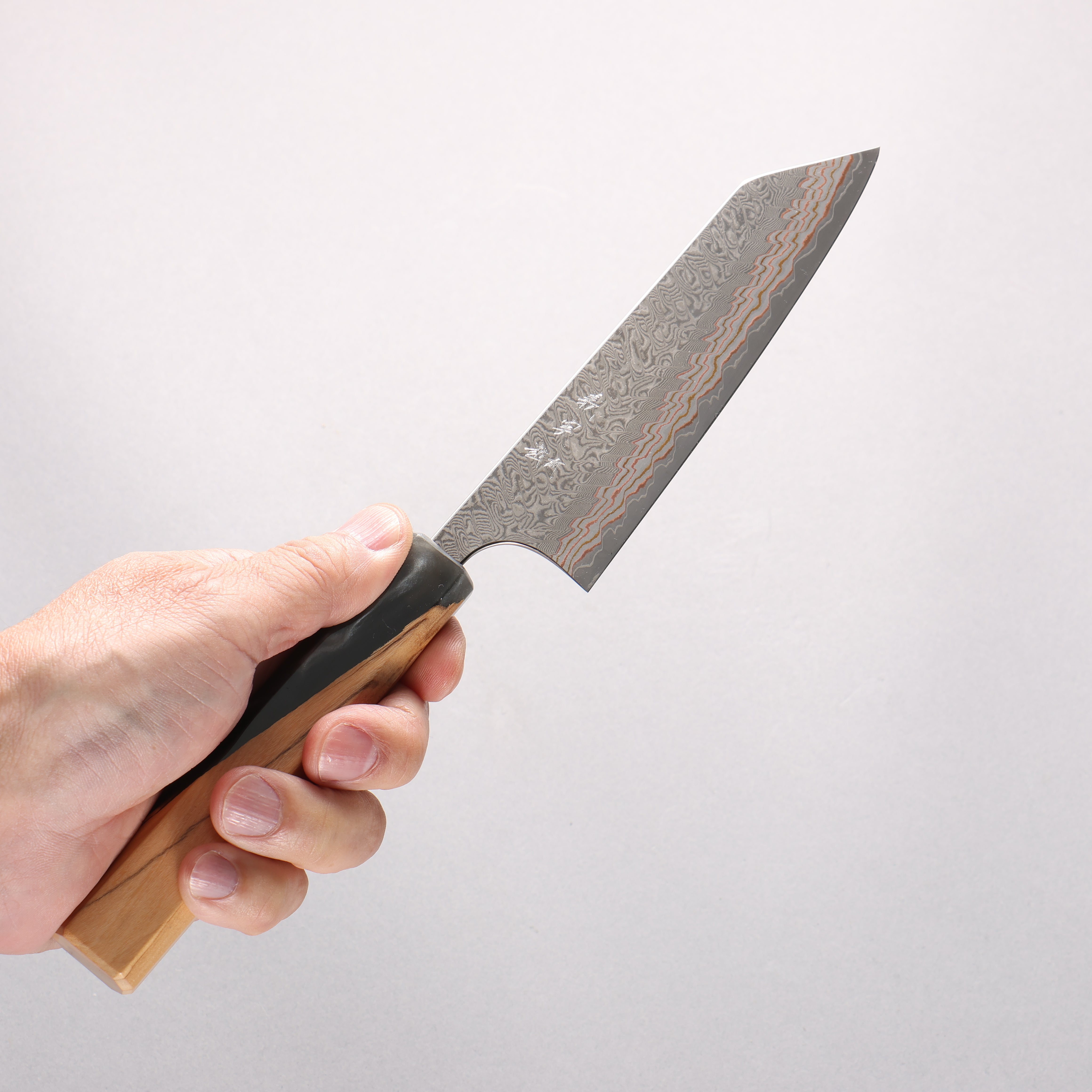 Yoshimi Kato VG10w Colored Damascus Small Bunka 130mm Olive Tree and Black/White Marble Resin Handle - Seisuke Knife