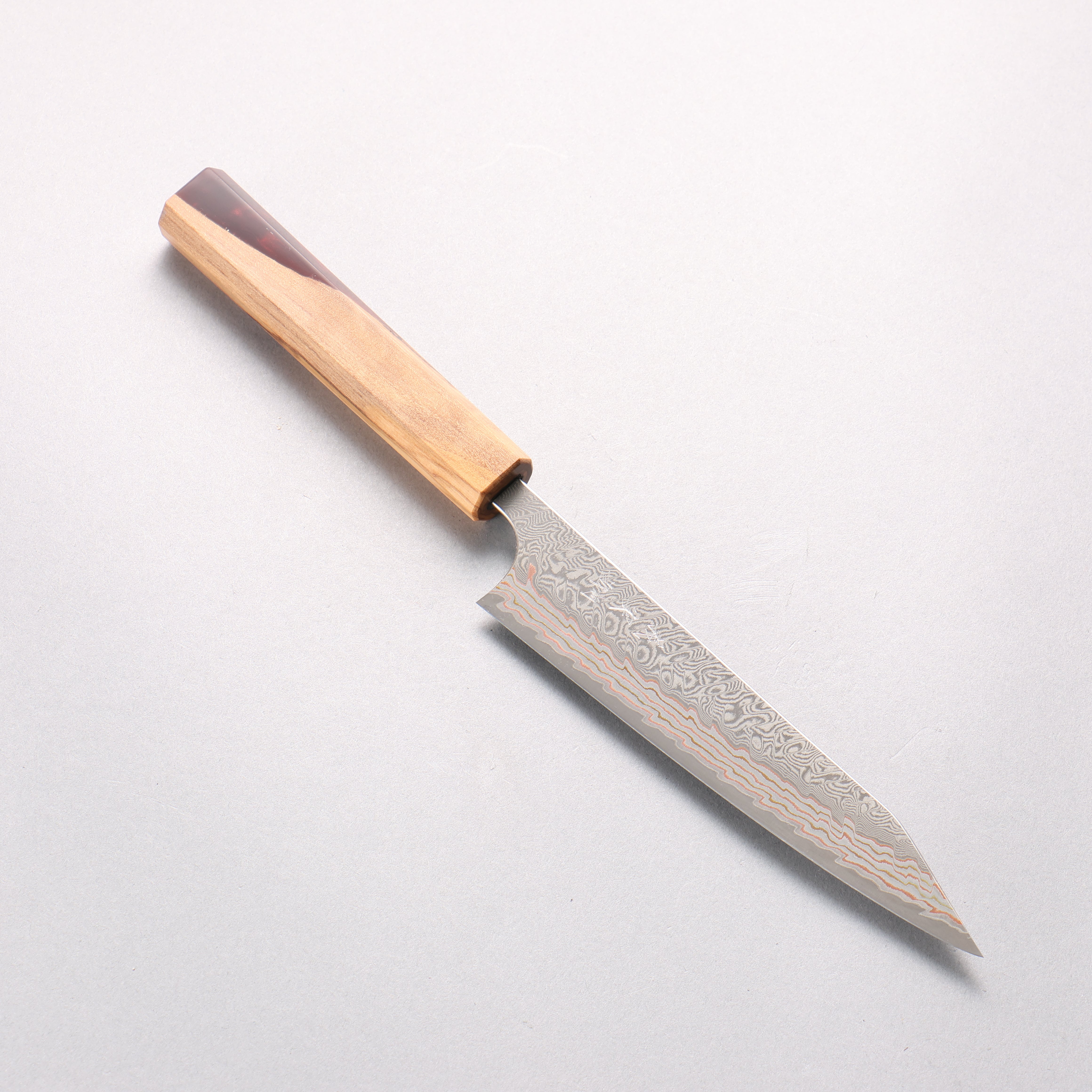 Yoshimi Kato VG10w Colored Damascus Kiritsuke Petty-Utility 150mm Olive Tree and Red Resin Handle - Seisuke Knife