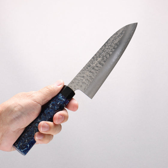 Yu Kurosaki Senko Ryu SG2 Hammered Small Santoku 150mm Blue Lacquered (ferrule: Black color) Handle - Seisuke Knife