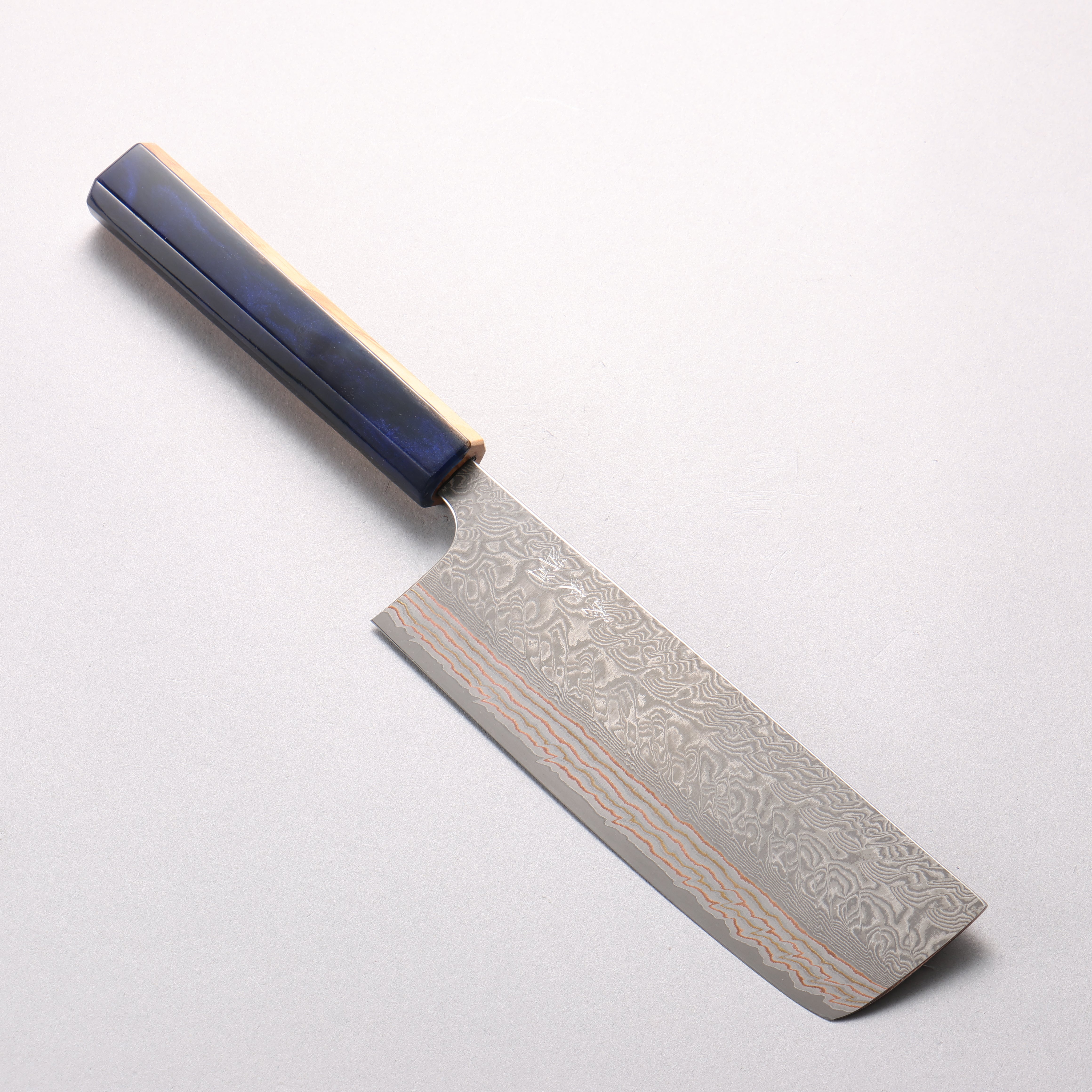 Yoshimi Kato VG10w Colored Damascus Nakiri 165mm Olive Wood & Blue Resin Handle - Seisuke Knife