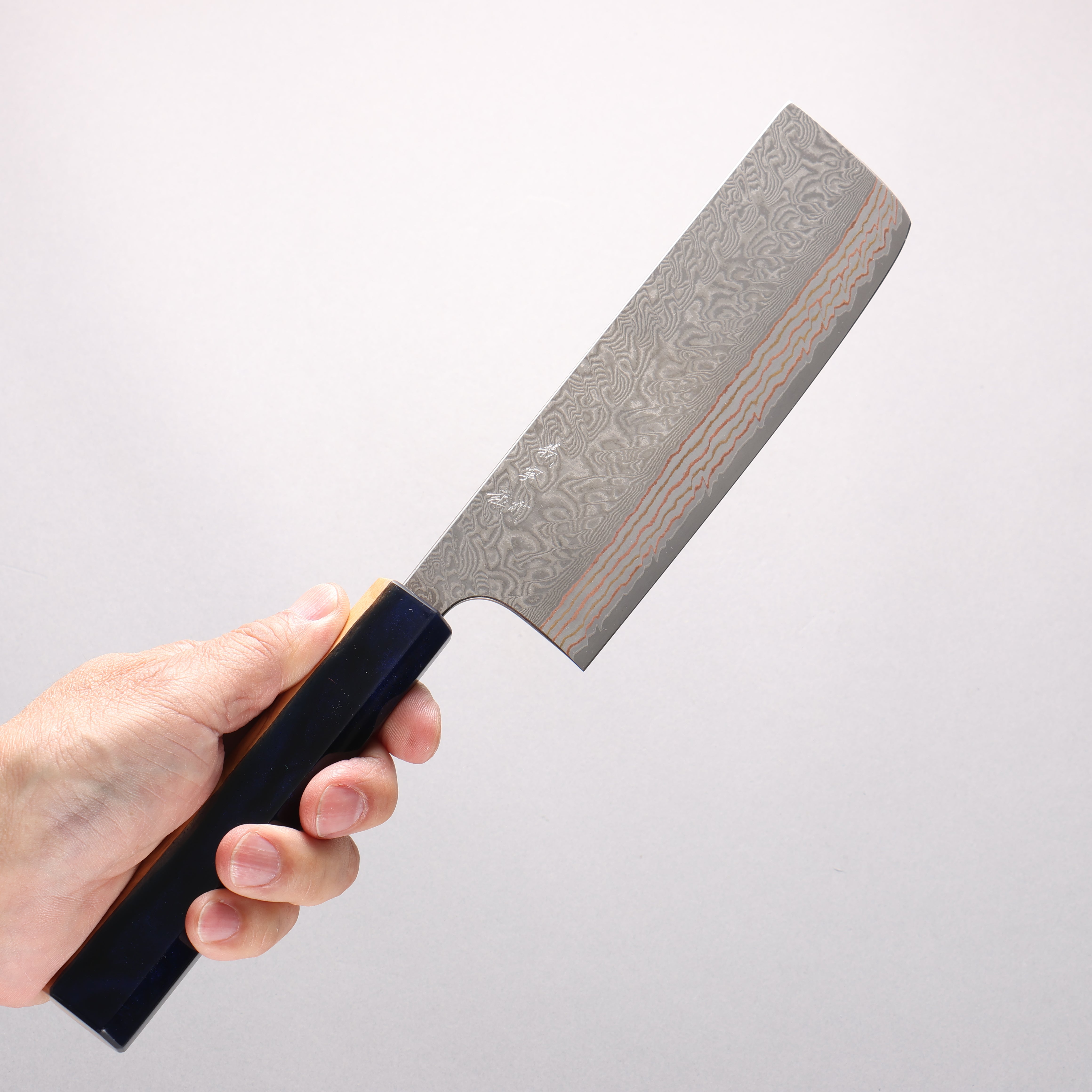 Yoshimi Kato VG10w Colored Damascus Nakiri 165mm Olive Wood & Blue Resin Handle - Seisuke Knife
