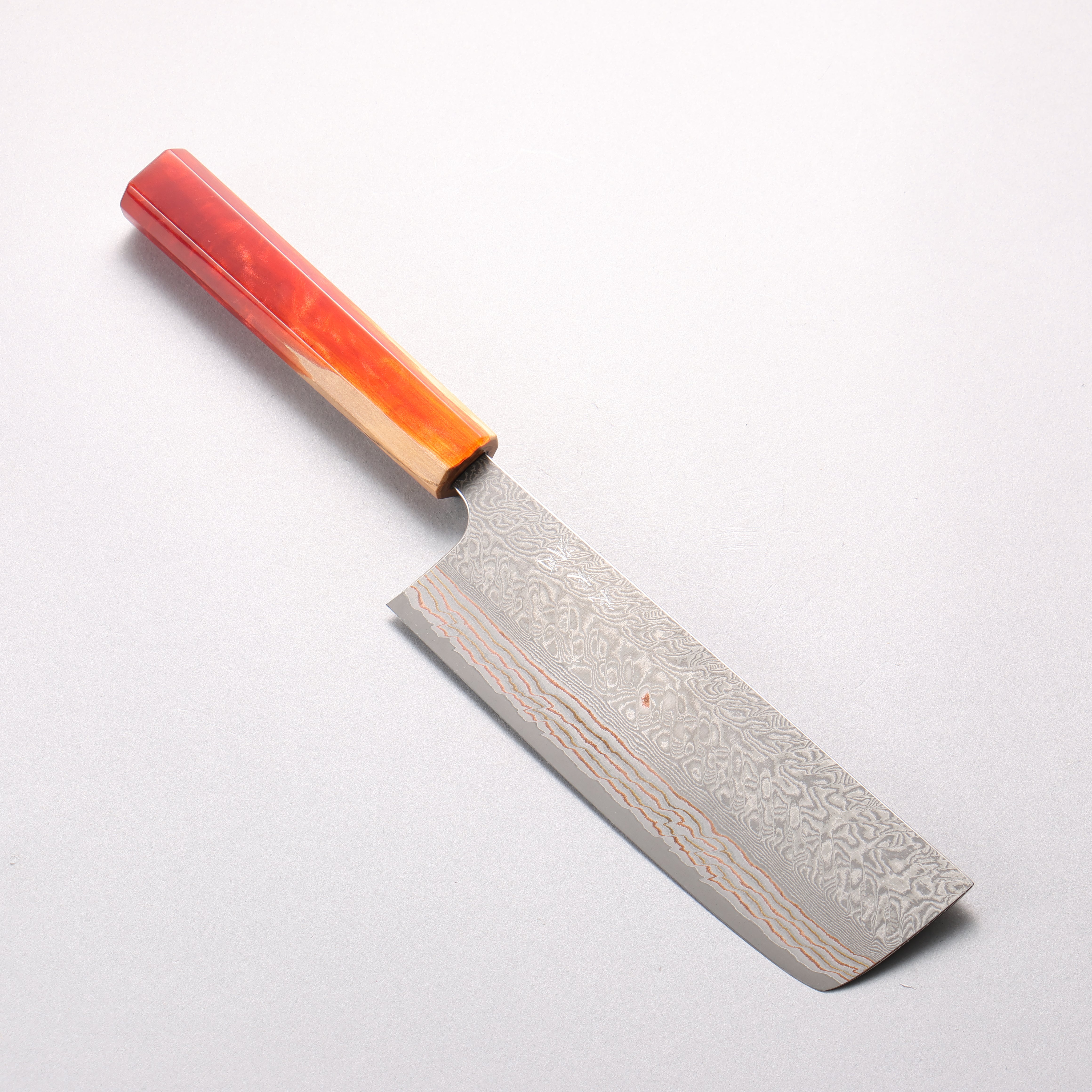 Yoshimi Kato VG10w Colored Damascus Nakiri 165mm Olive Wood & Orange Resin Handle - Seisuke Knife