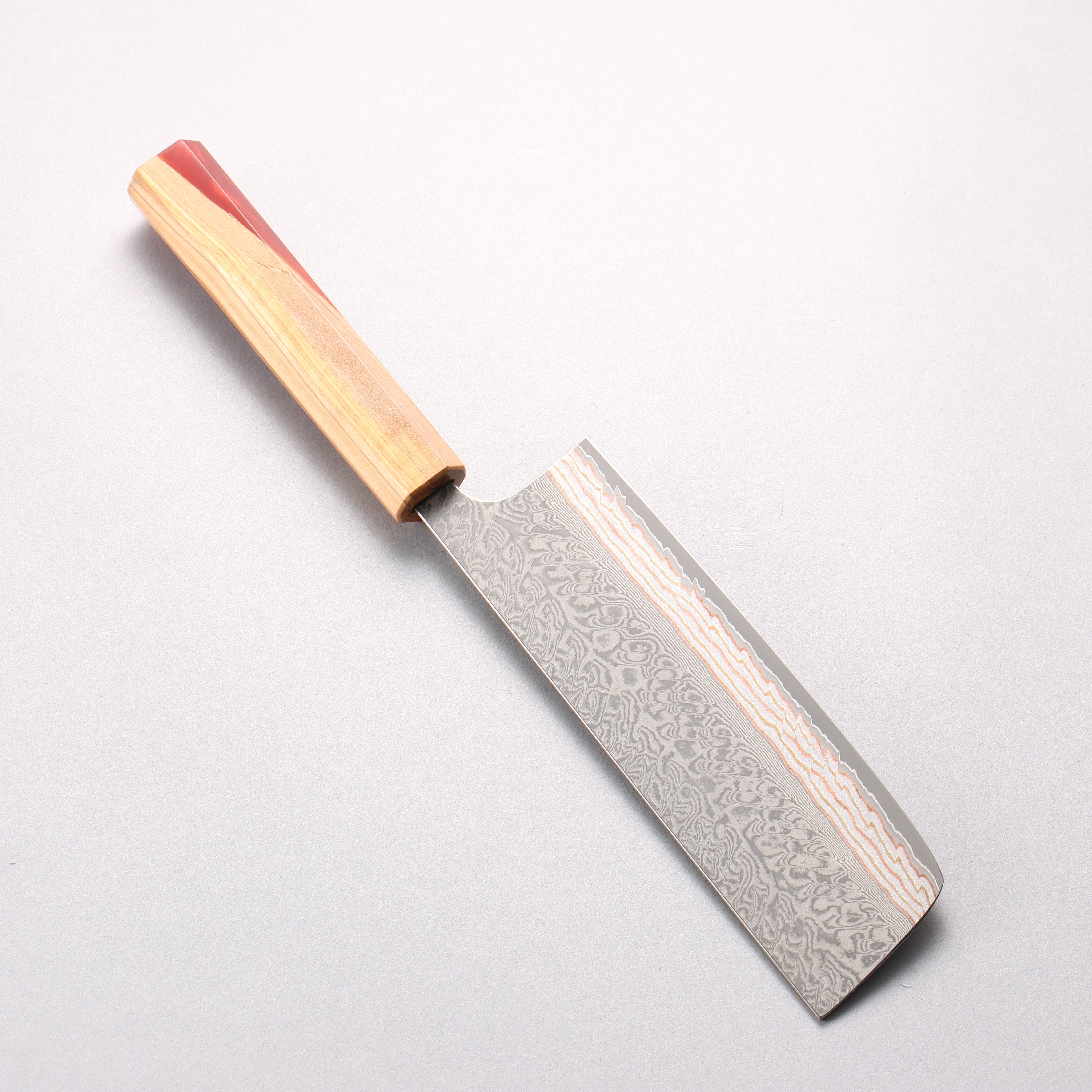 Yoshimi Kato VG10w Colored Damascus Nakiri 165mm Olive Wood & Orange Resin Handle - Seisuke Knife