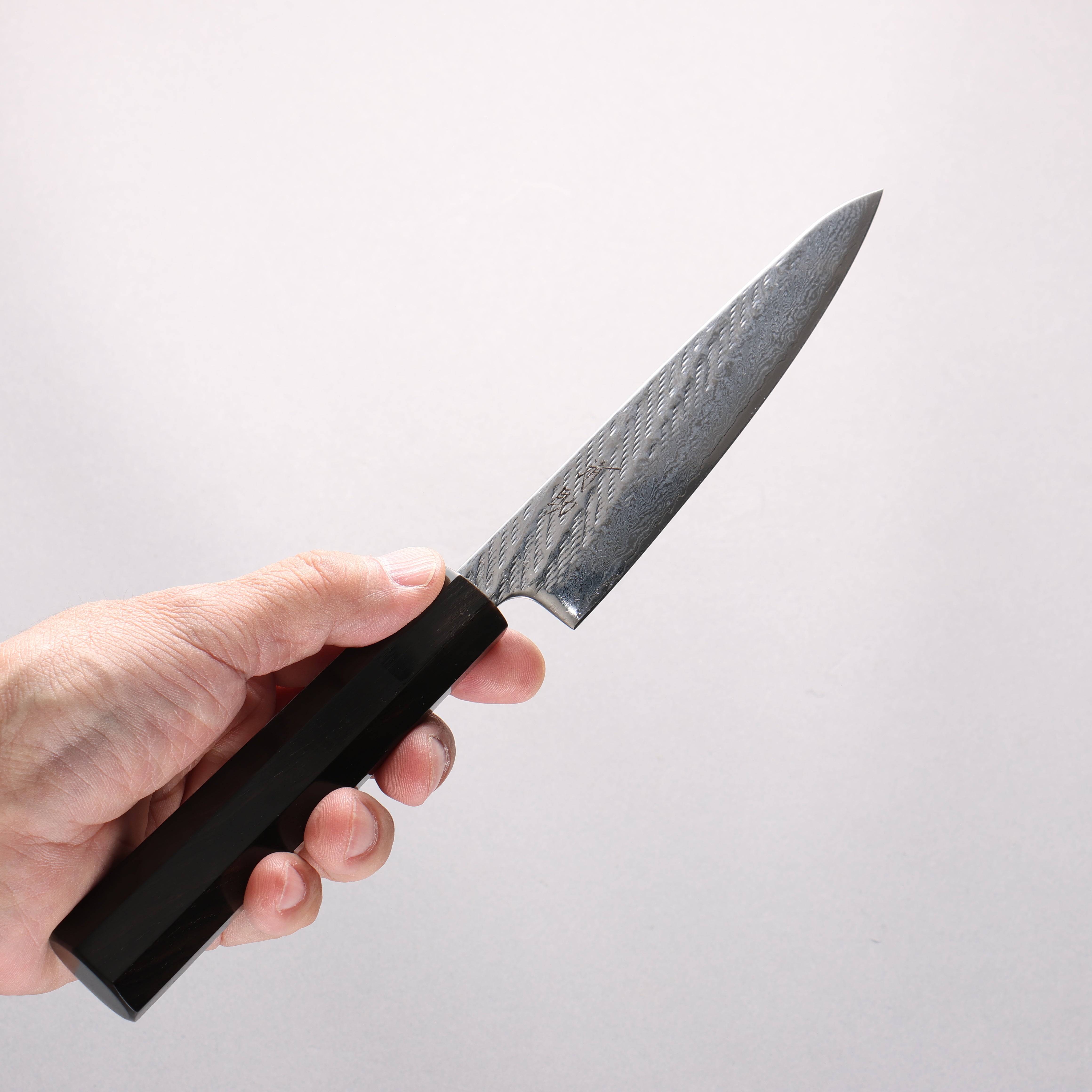 Seisuke Silver Steel No.3 Damascus Rope Pattern Petty-Utility 135mm Ebony Wood & Water Buffalo Horn Handle - Seisuke Knife