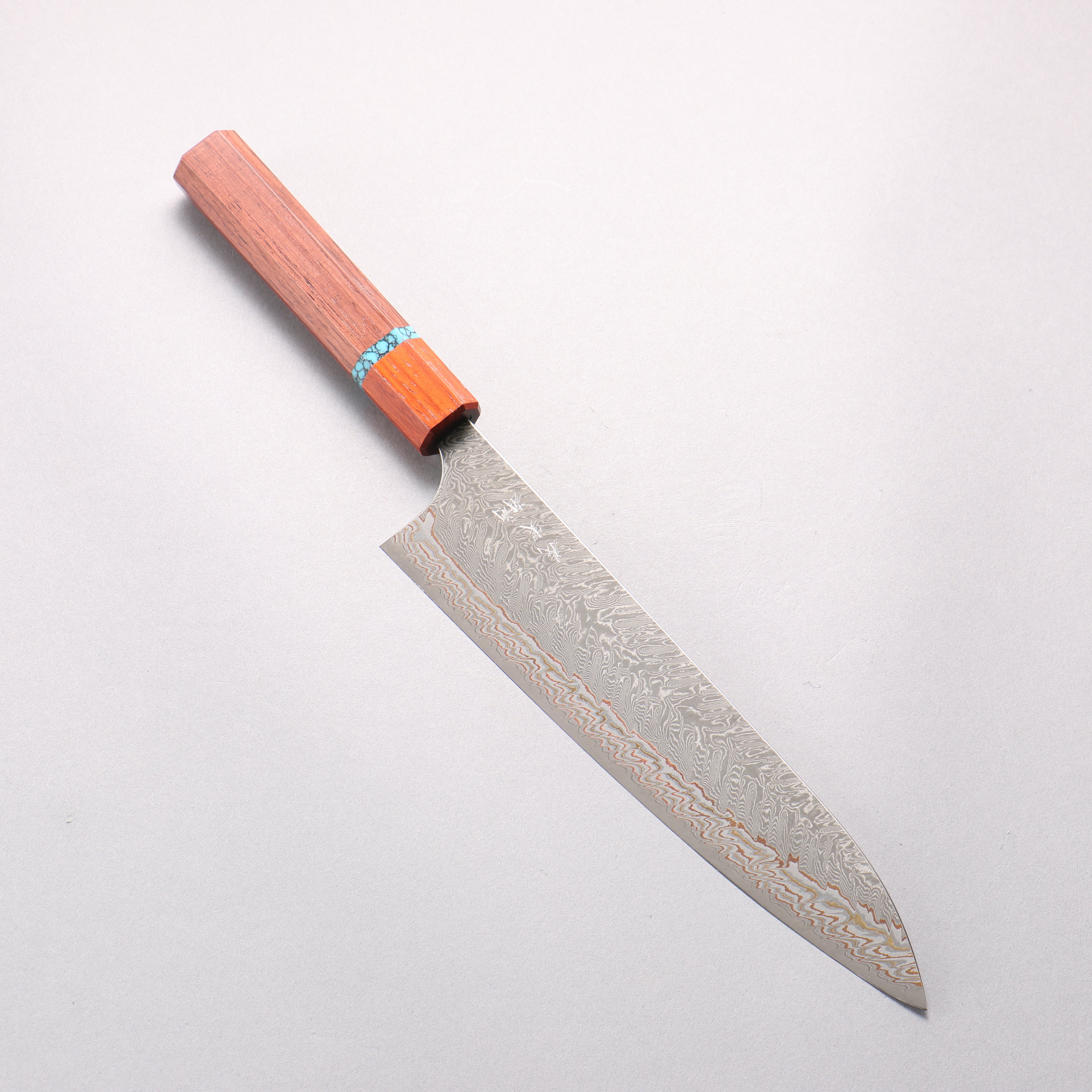 Yoshimi Kato VG10w Colored Damascus Kiritsuke Gyuto 210mm Rosewood & Turquoise Ring Handle - Seisuke Knife