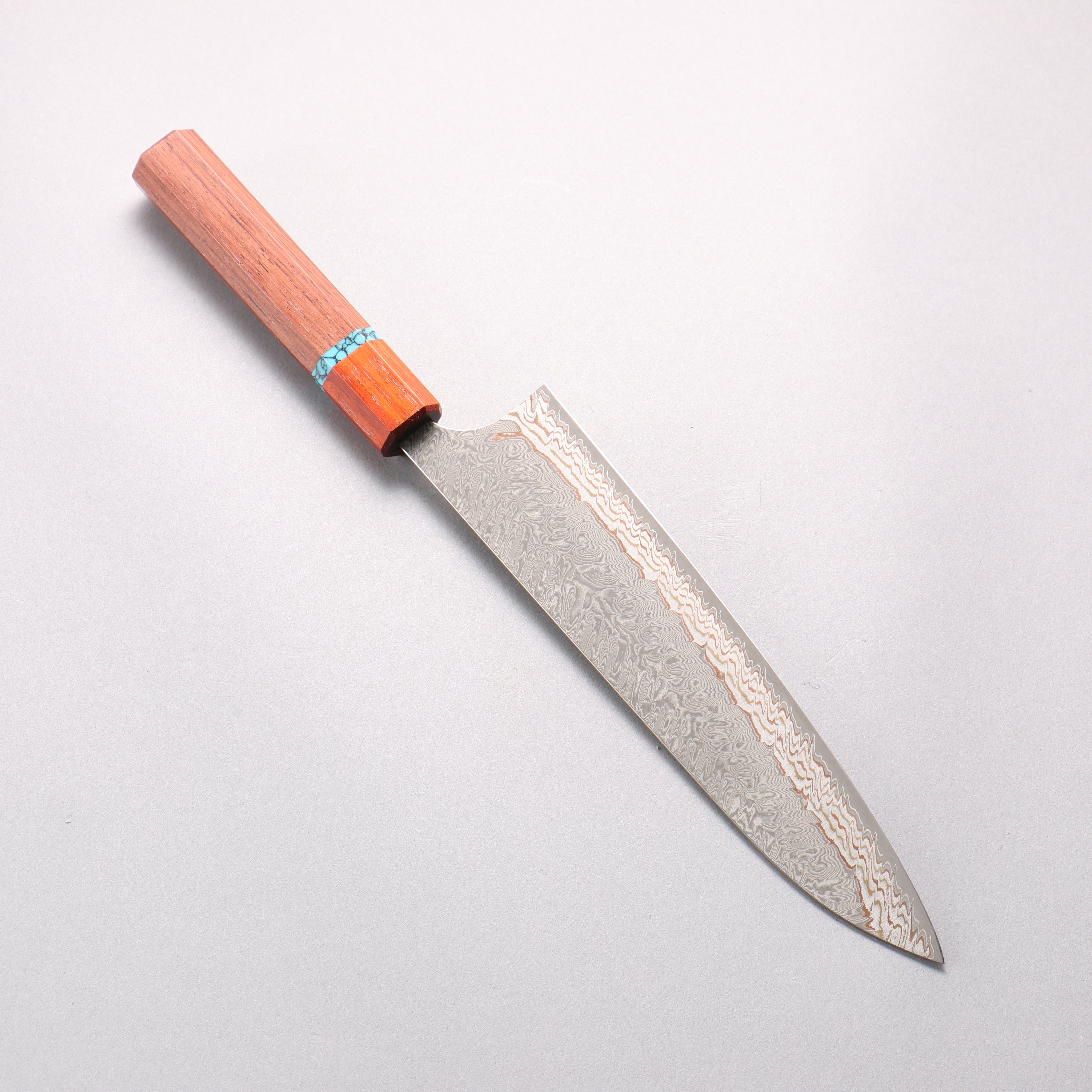 Yoshimi Kato VG10w Colored Damascus Kiritsuke Gyuto 210mm Rosewood & Turquoise Ring Handle - Seisuke Knife