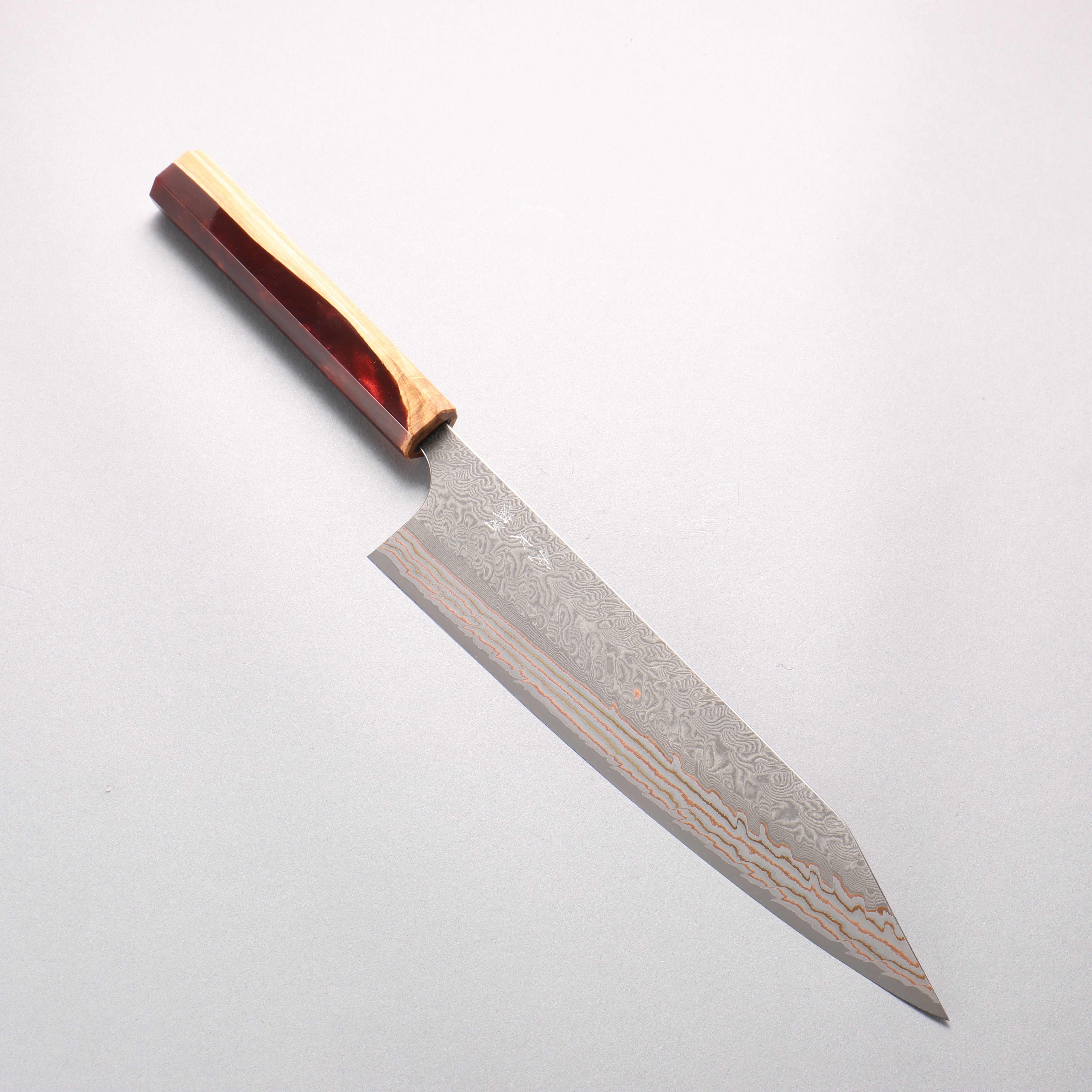 Yoshimi Kato VG10w Colored Damascus Kiritsuke Gyuto 240mm Olive Tree & Red Resin Handle - Seisuke Knife