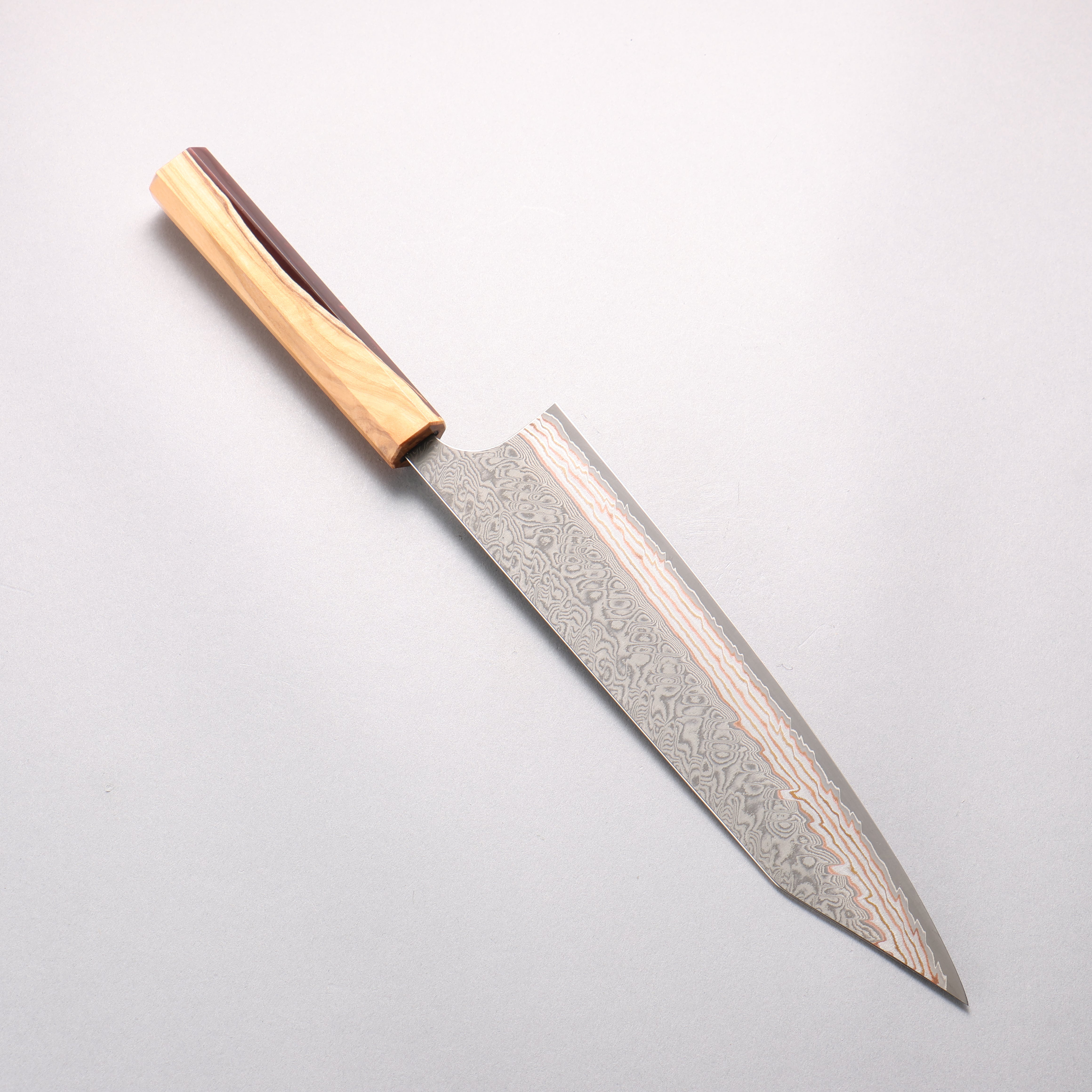 Yoshimi Kato VG10w Colored Damascus Kiritsuke Gyuto 240mm Olive Tree & Red Resin Handle - Seisuke Knife