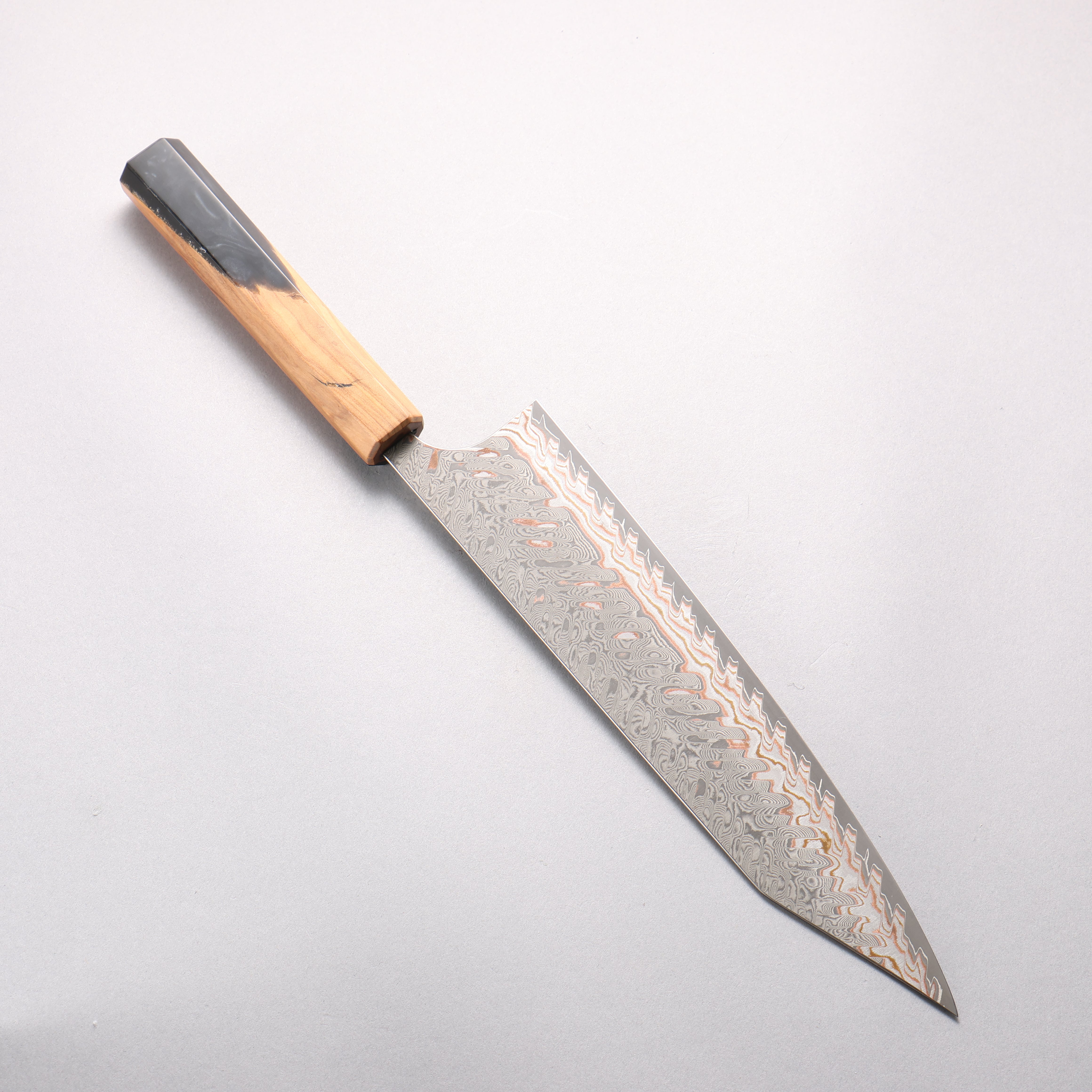 Yoshimi Kato VG10w Colored Damascus Kiritsuke Gyuto 240mm Olive Tree & Black Marble Resin Handle - Seisuke Knife
