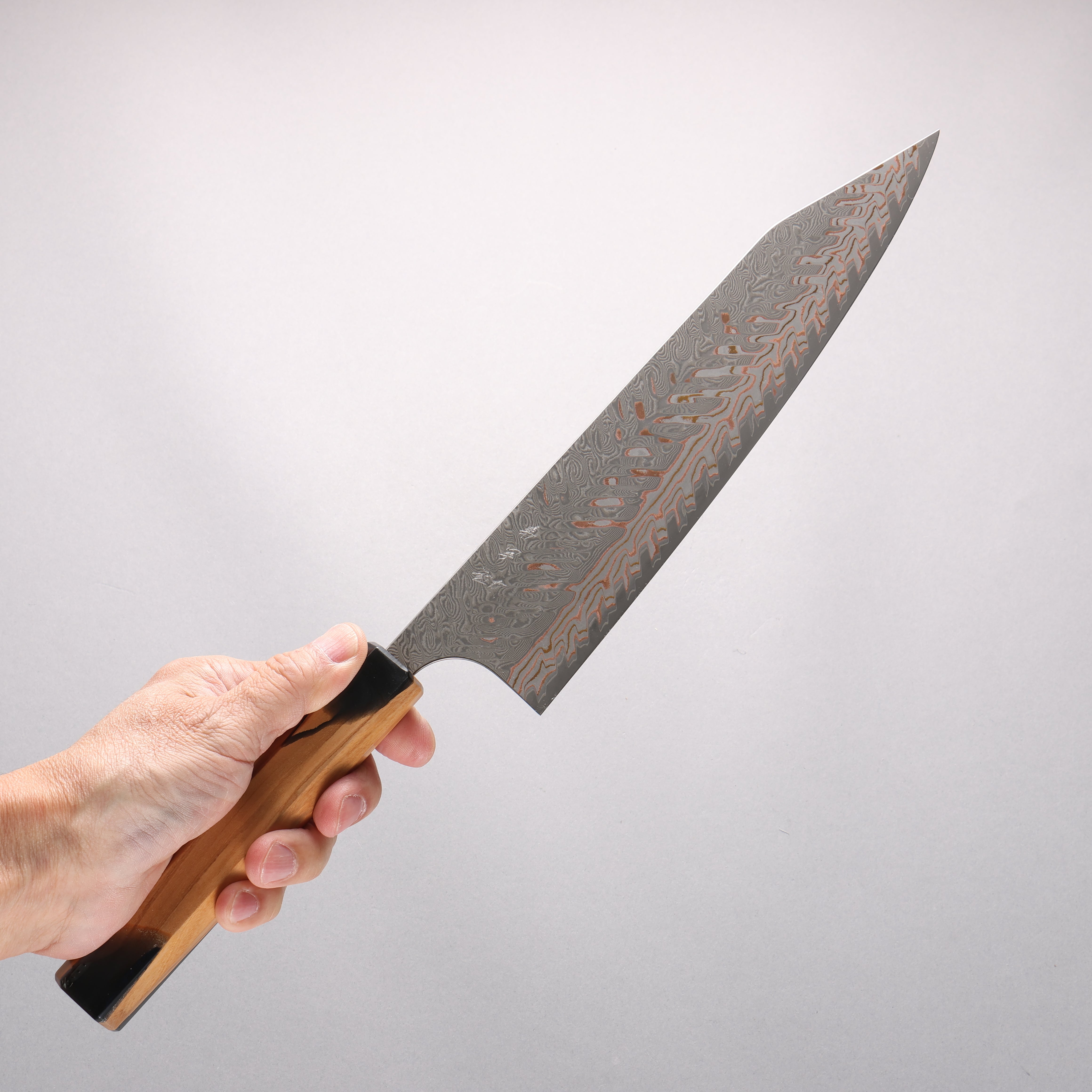 Yoshimi Kato VG10w Colored Damascus Kiritsuke Gyuto 240mm Olive Tree & Black Marble Resin Handle - Seisuke Knife