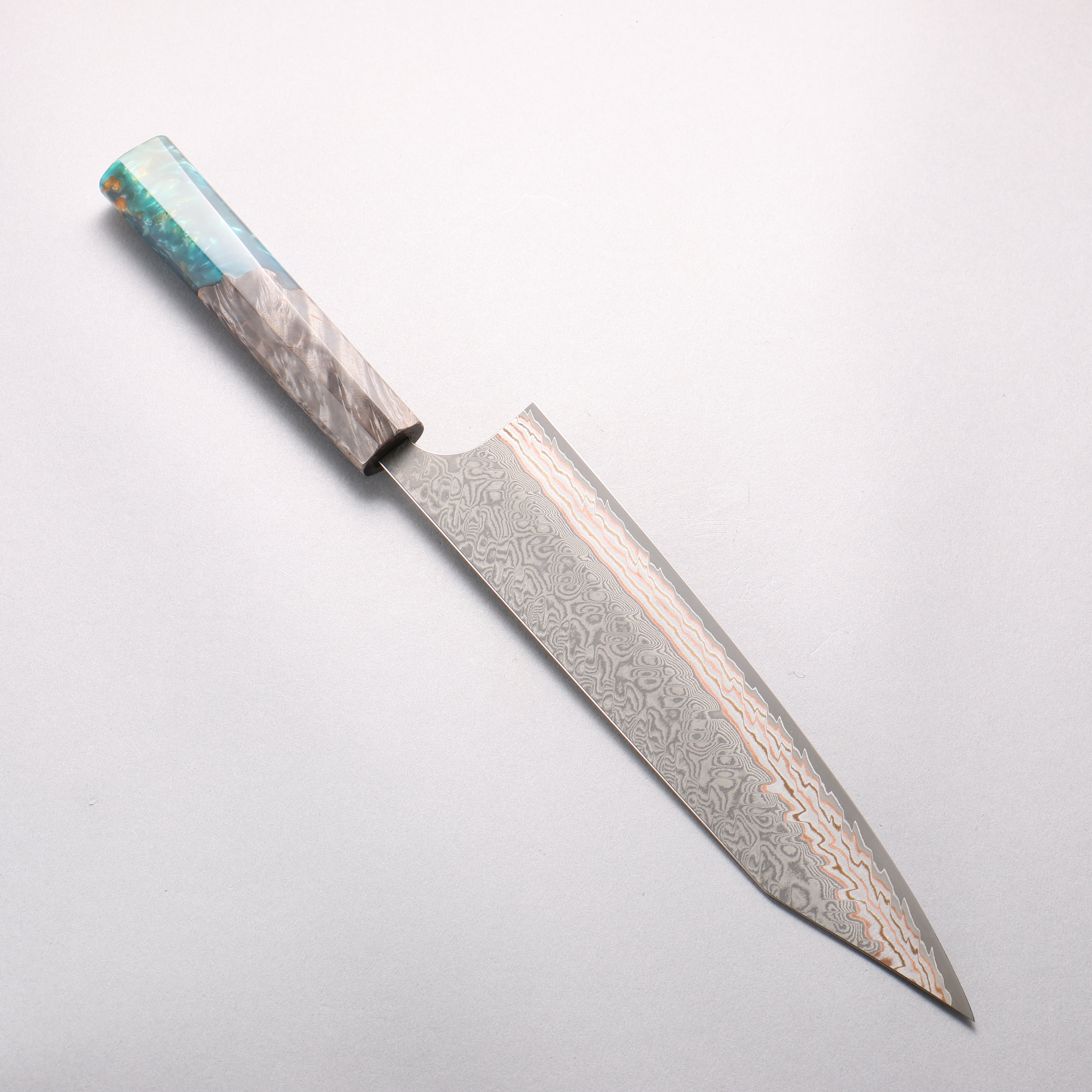 Yoshimi Kato VG10w Colored Damascus Kiritsuke Gyuto 240mm Stabilized Birch & Emerald Resin Handle - Seisuke Knife