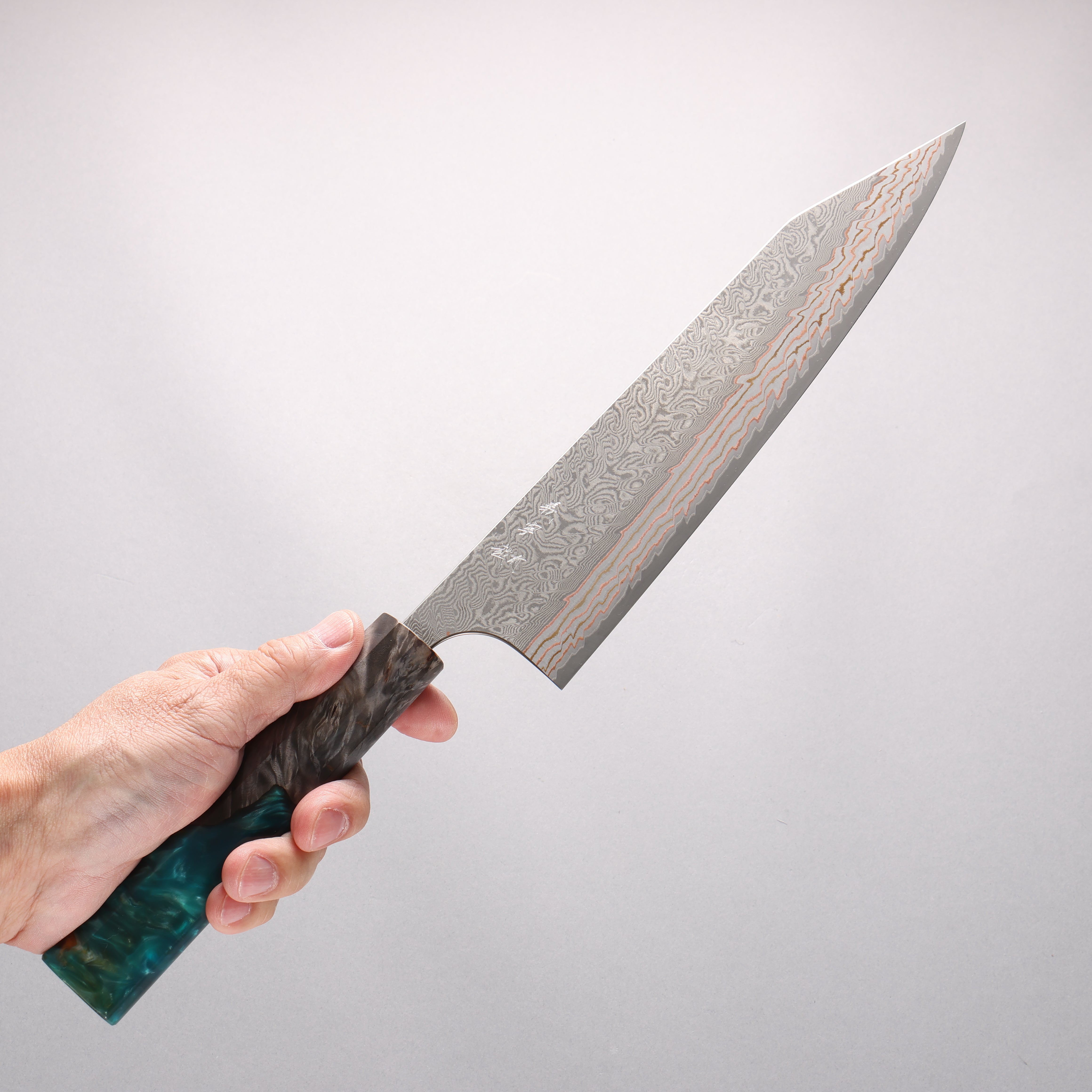 Yoshimi Kato VG10w Colored Damascus Kiritsuke Gyuto 240mm Stabilized Birch & Emerald Resin Handle - Seisuke Knife