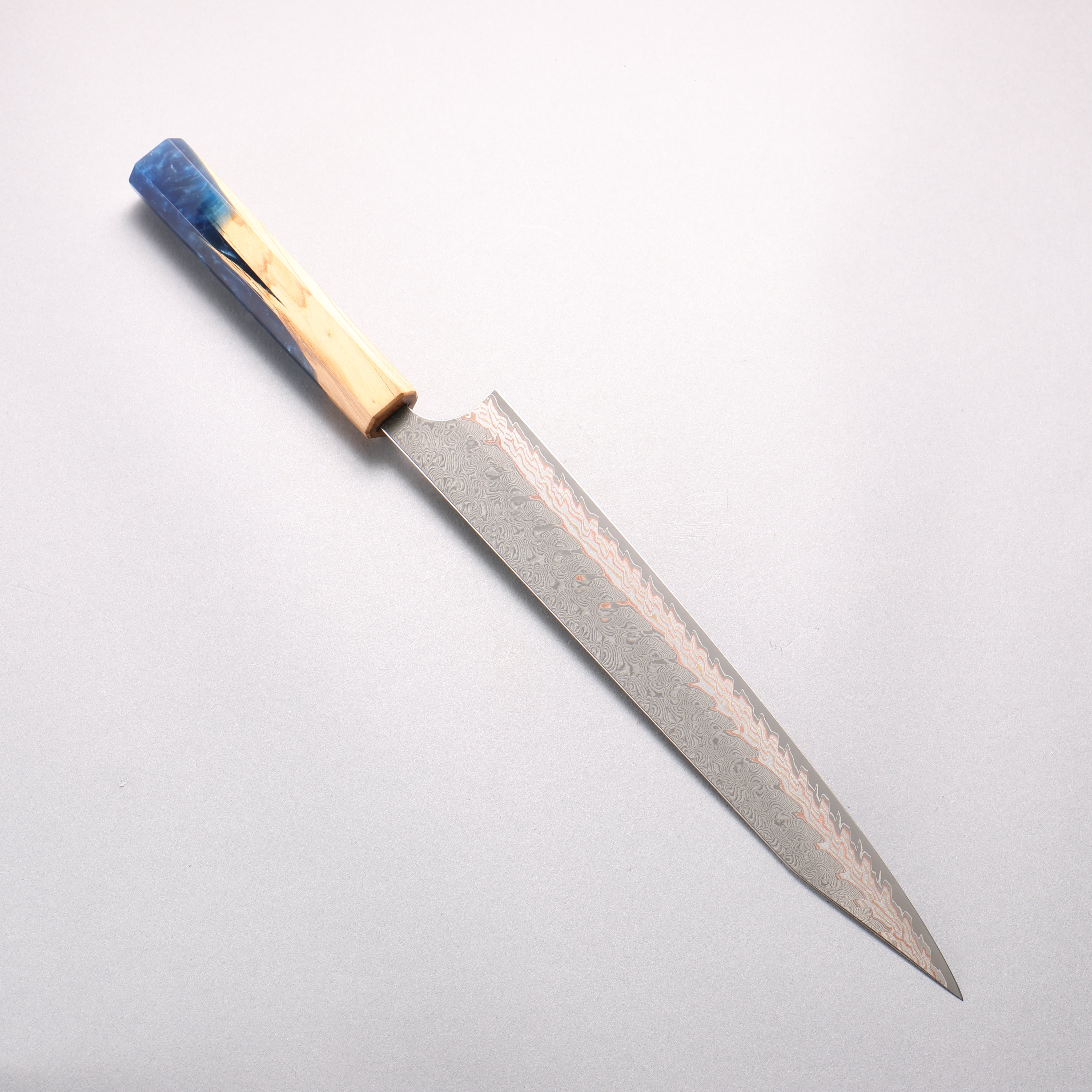 Yoshimi Kato VG10w Colored Damascus Kiritsuke Sujihiki 270mm Olive Wood & Blue Resin Handle - Seisuke Knife