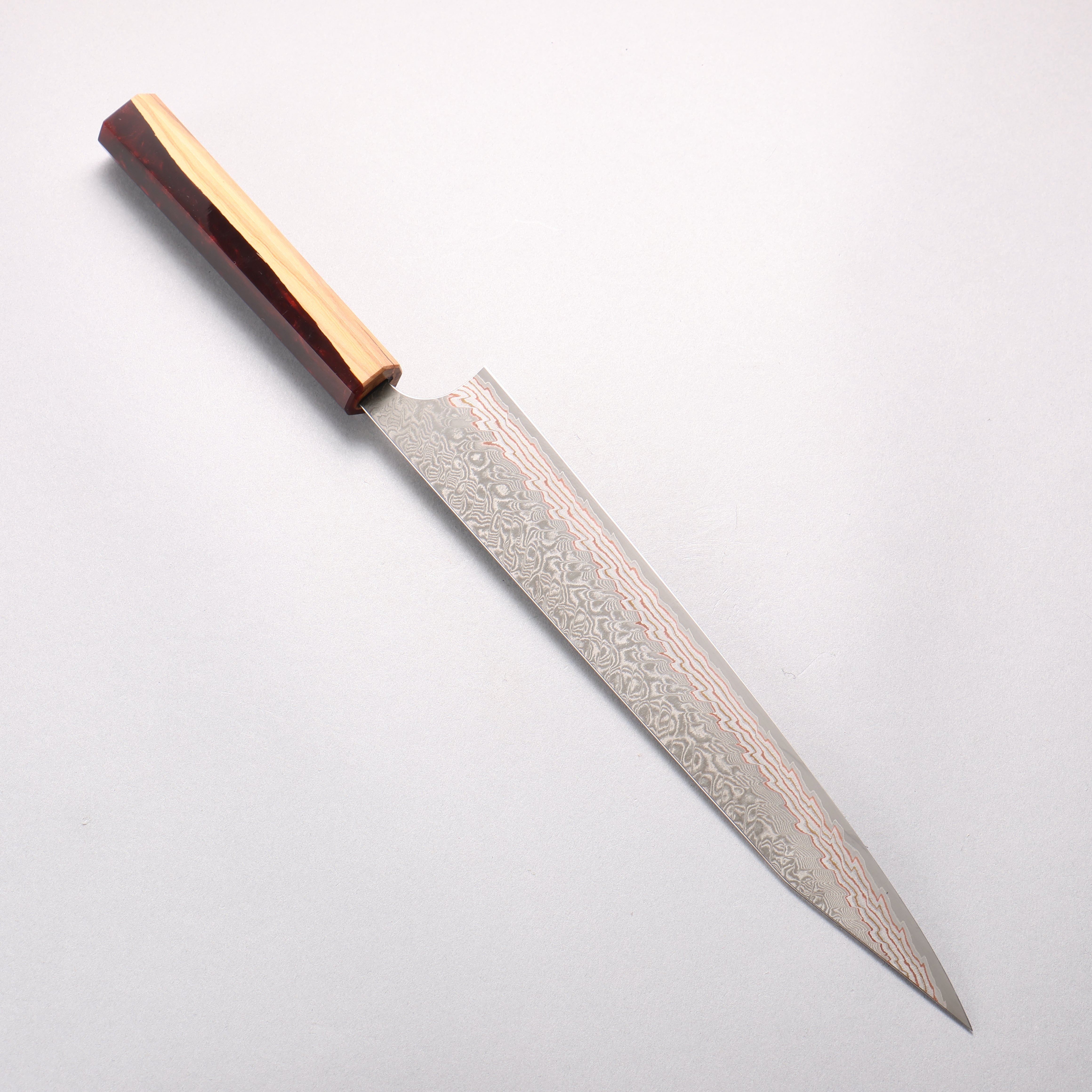 Yoshimi Kato VG10w Colored Damascus Kiritsuke Sujihiki 270mm Olive Tree and Red Resin Handle - Seisuke Knife