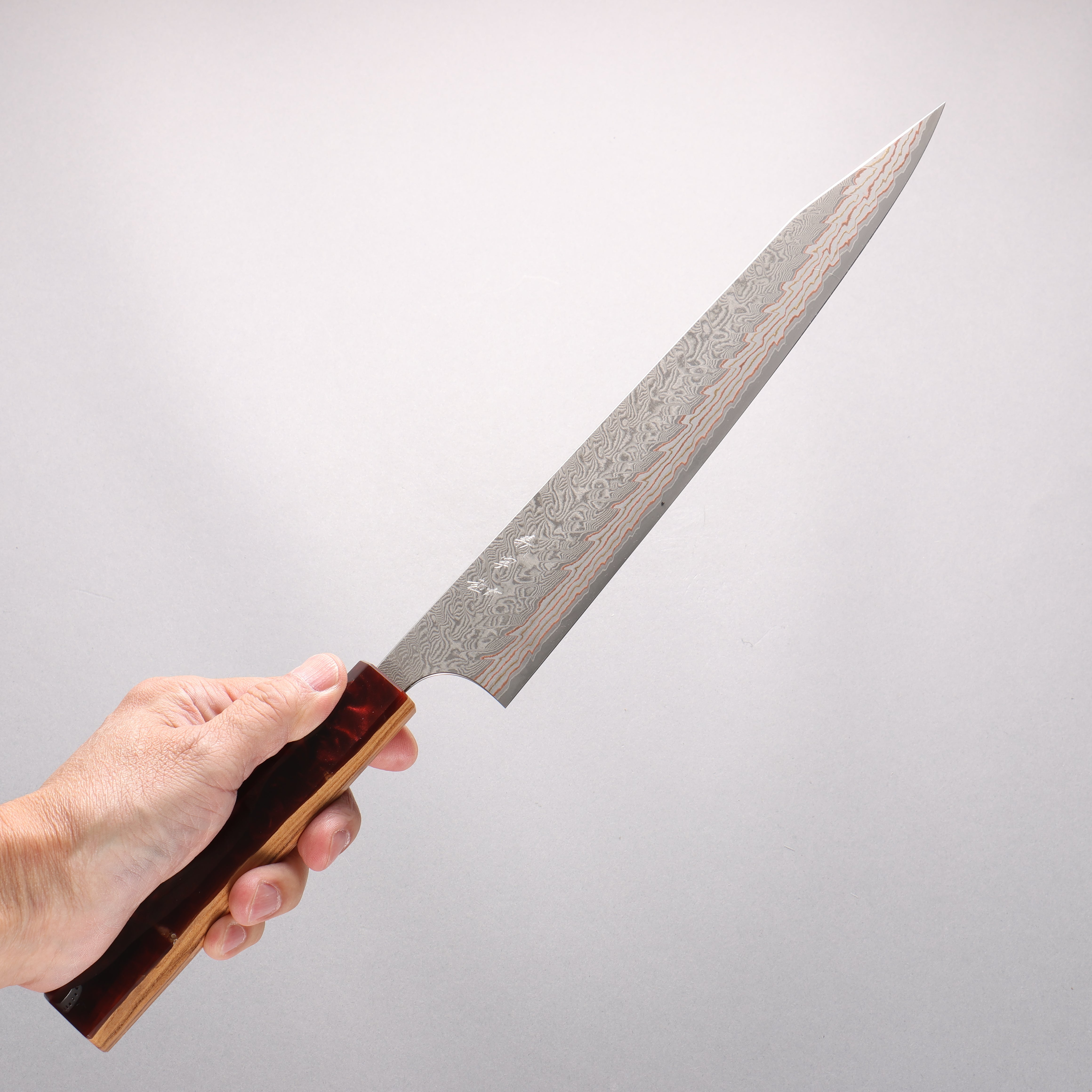 Yoshimi Kato VG10w Colored Damascus Kiritsuke Sujihiki 270mm Olive Tree and Red Resin Handle - Seisuke Knife