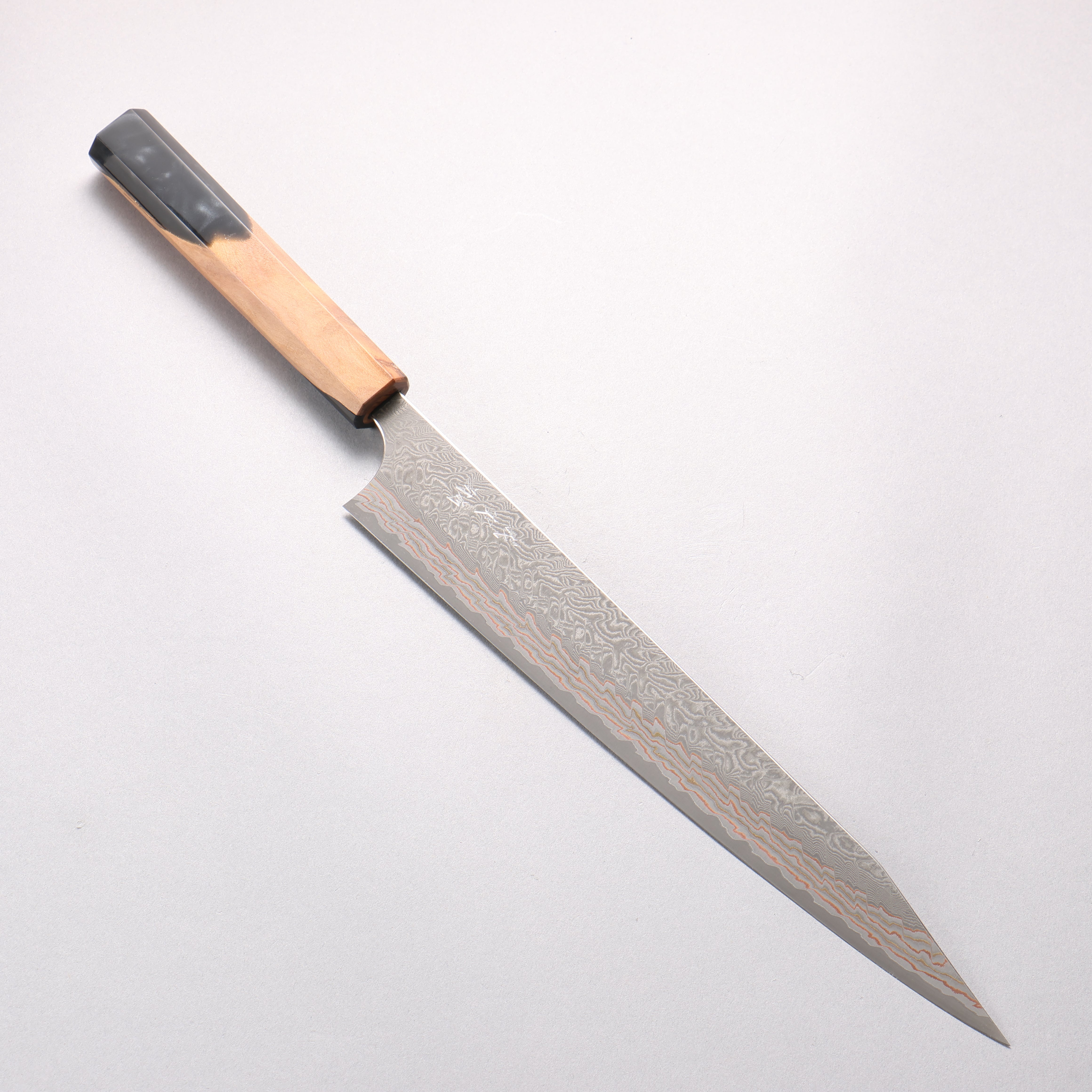 Yoshimi Kato VG10w Colored Damascus Kiritsuke Sujihiki 270mm Olive Tree and Black/White Marble Resin Handle - Seisuke Knife