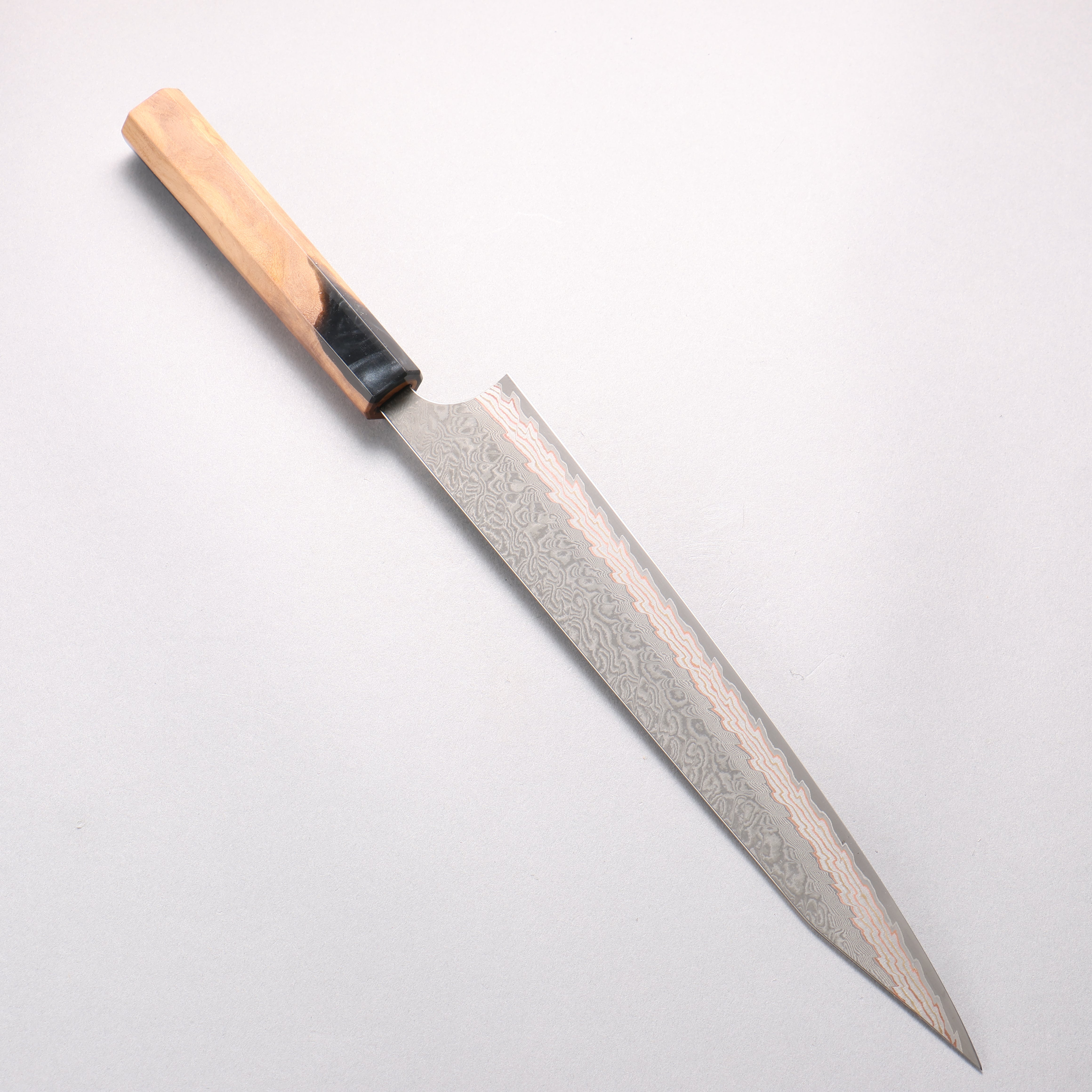 Yoshimi Kato VG10w Colored Damascus Kiritsuke Sujihiki 270mm Olive Tree and Black/White Marble Resin Handle - Seisuke Knife