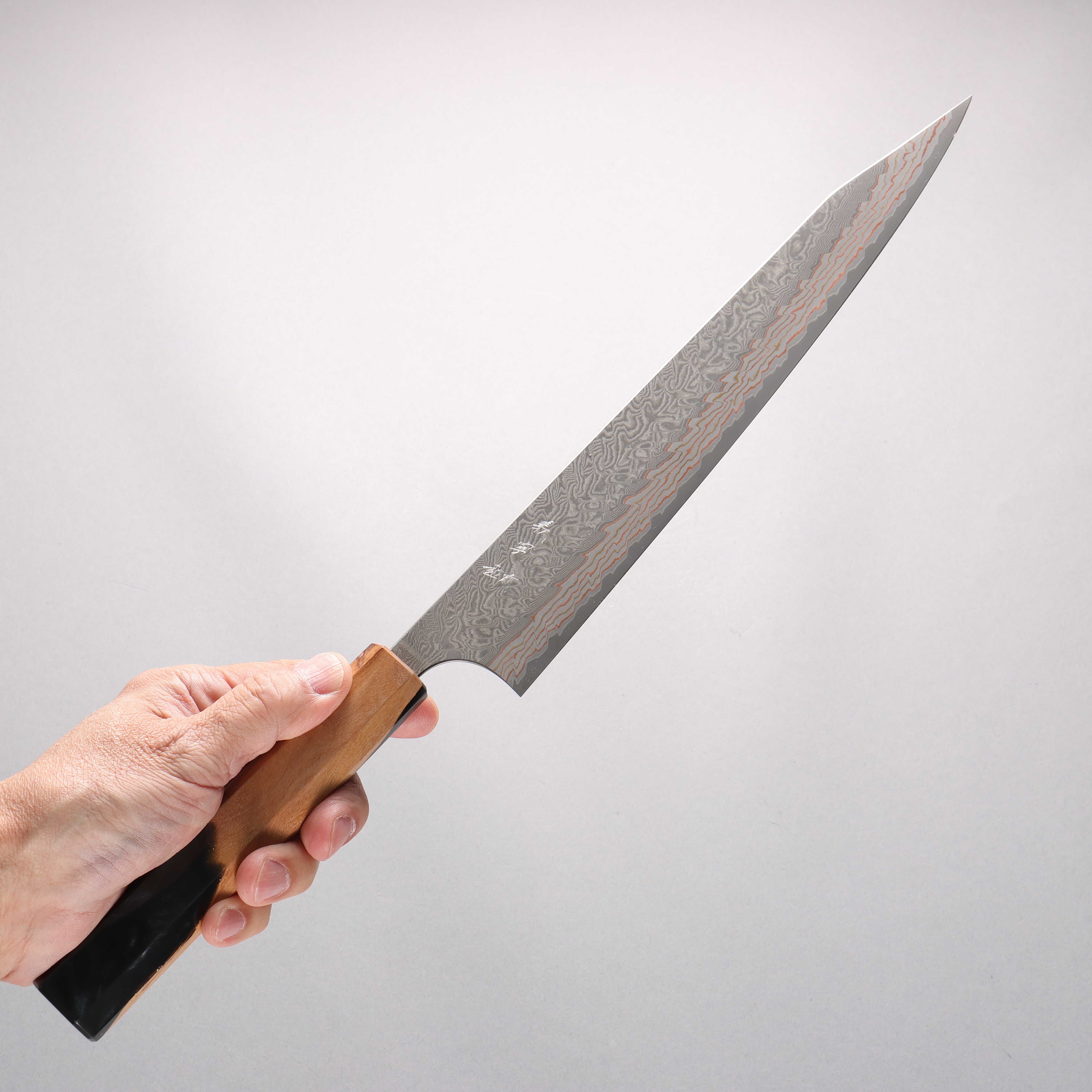Yoshimi Kato VG10w Colored Damascus Kiritsuke Sujihiki 270mm Olive Tree and Black/White Marble Resin Handle - Seisuke Knife