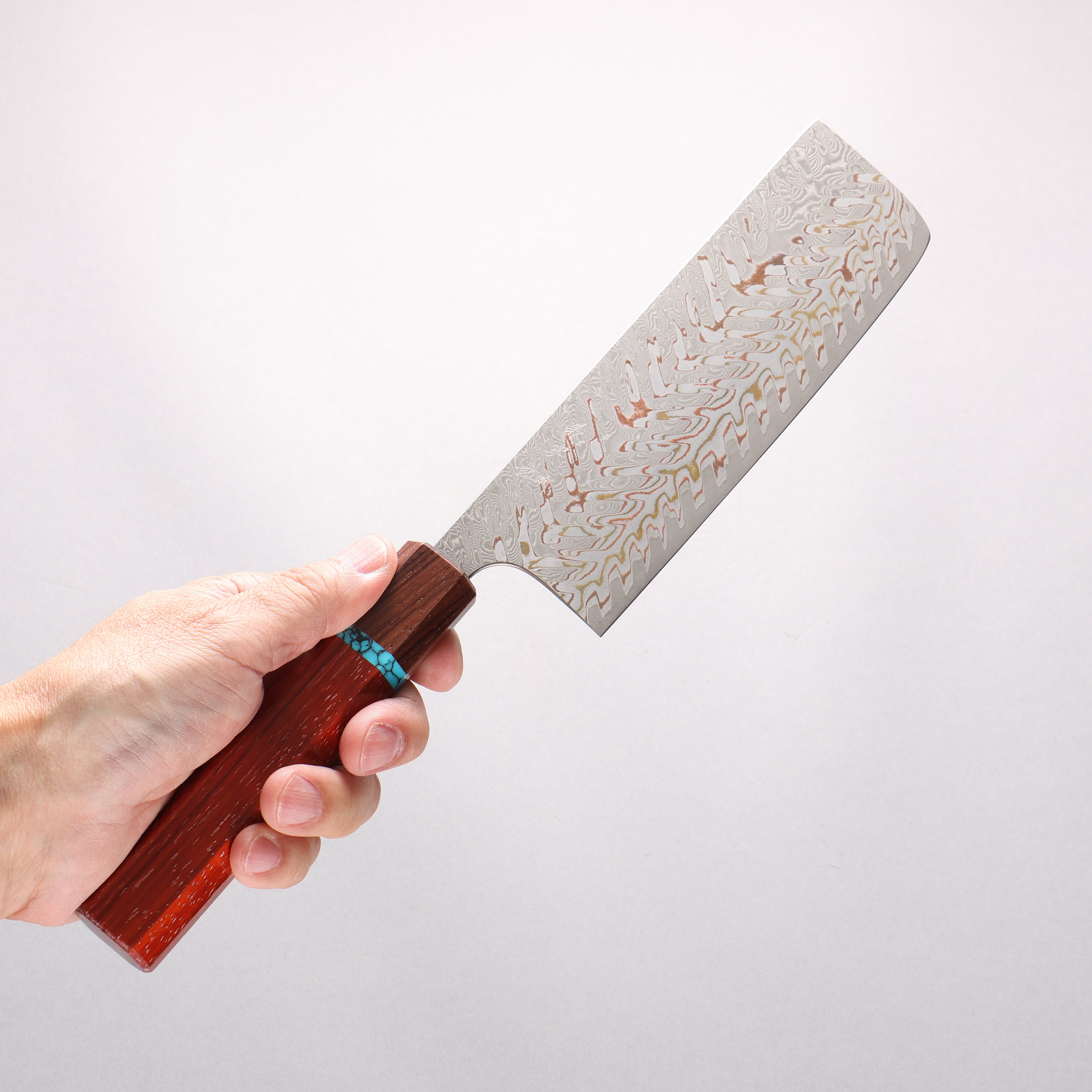 Yoshimi Kato VG10w Colored Damascus Nakiri 165mm Padoauk & Turquoise Handle - Seisuke Knife