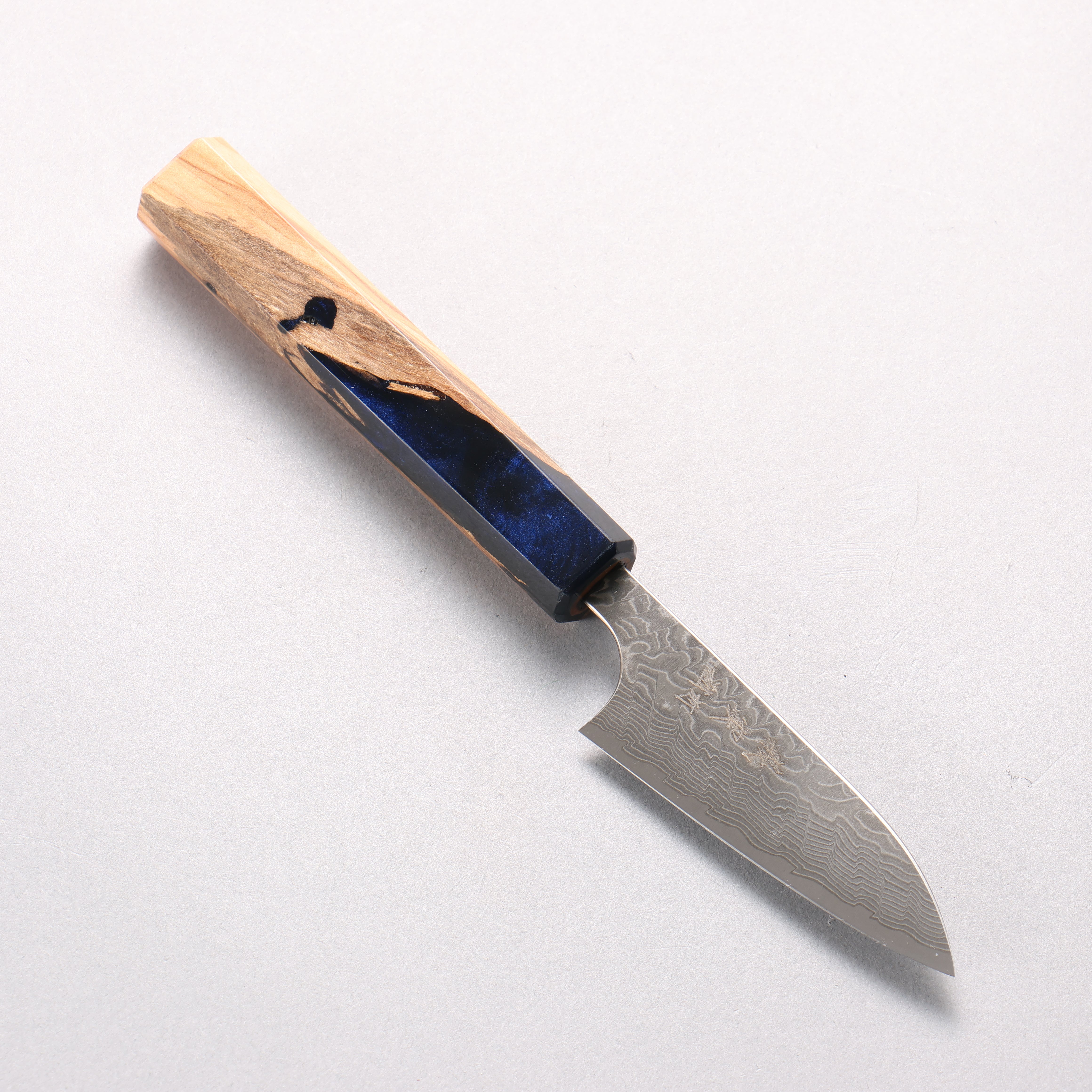 Yoshimi Kato SG2 Black Damascus Petty-Utility 80mm Olive Tree and Blue Resin Handle - Seisuke Knife