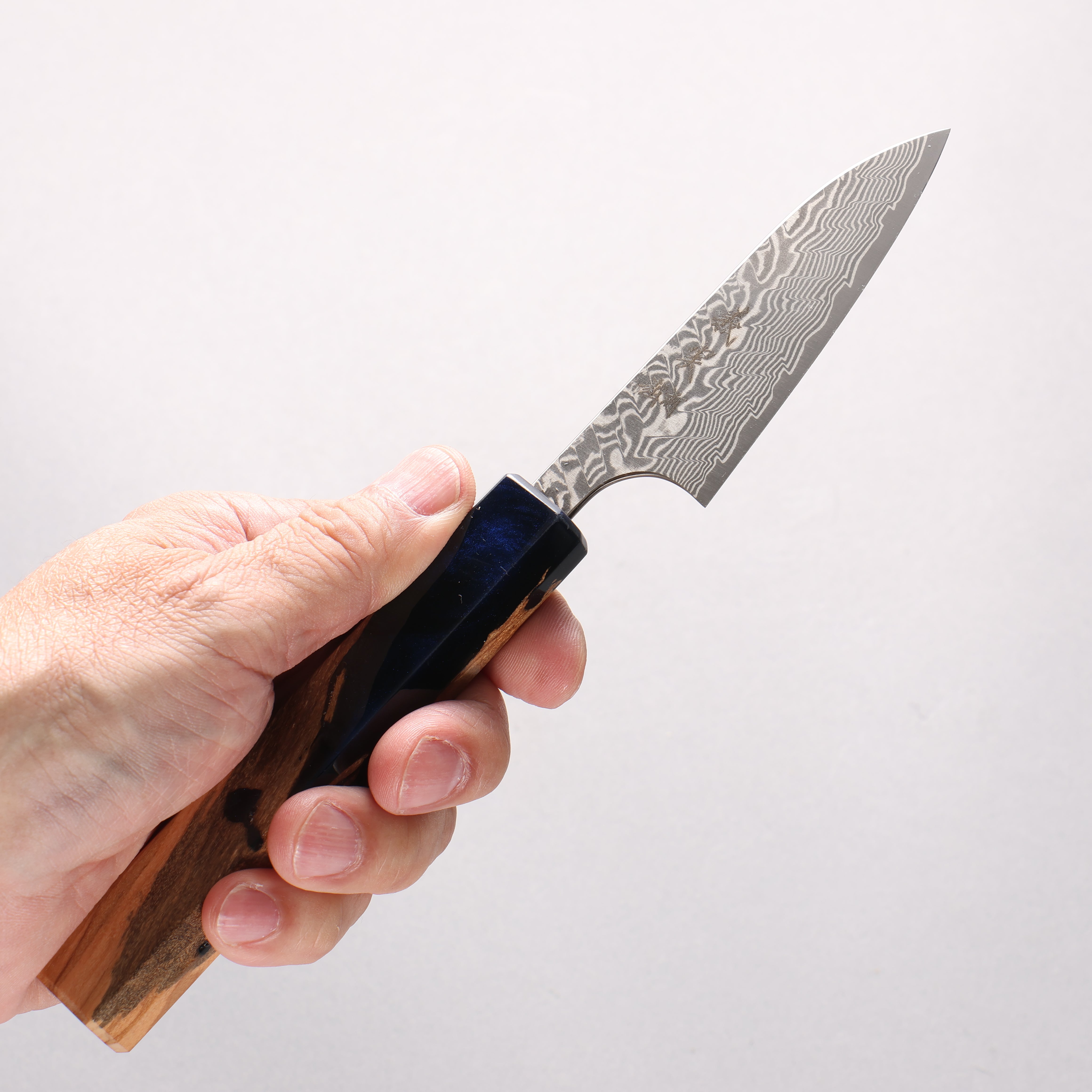 Yoshimi Kato SG2 Black Damascus Petty-Utility 80mm Olive Tree and Blue Resin Handle - Seisuke Knife