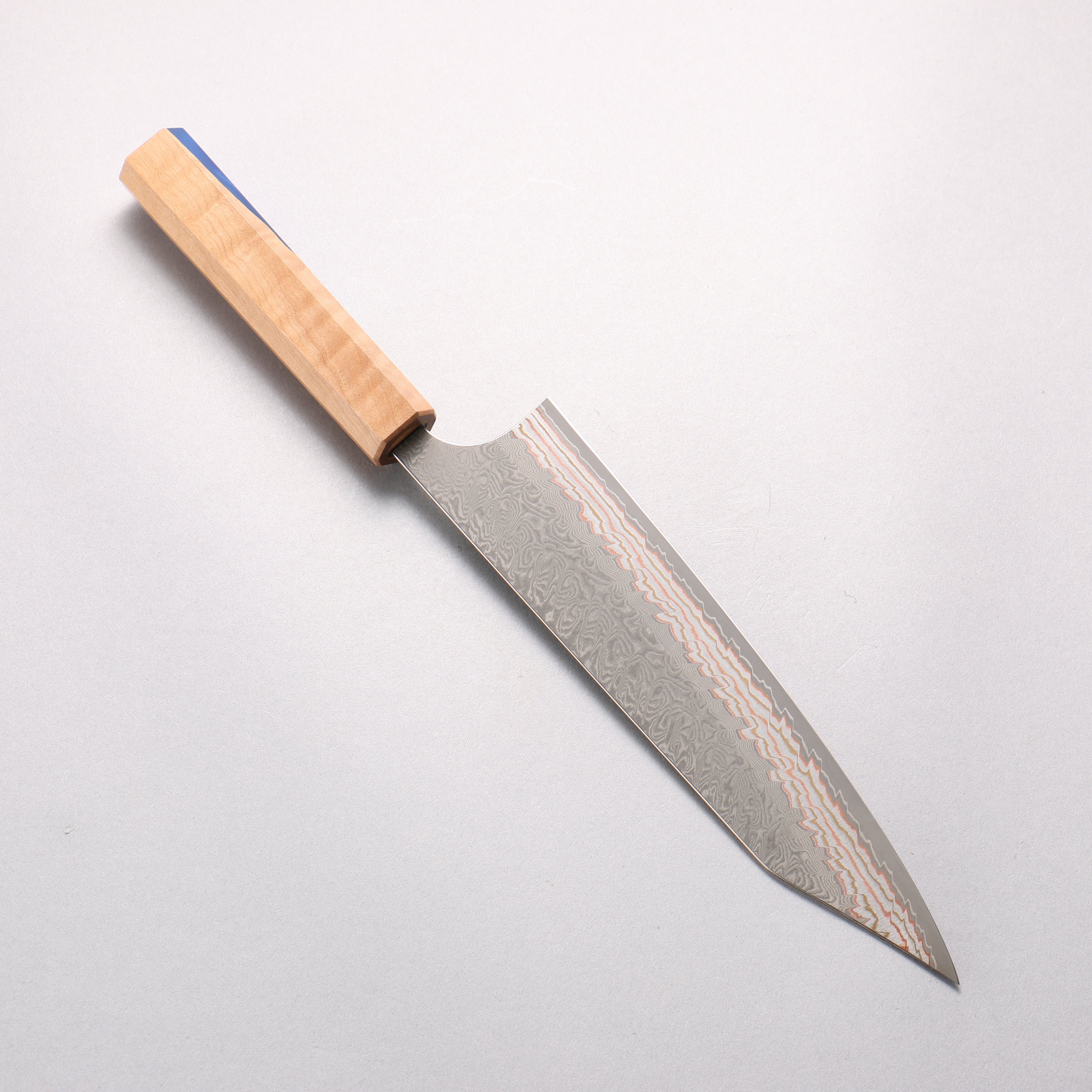 Yoshimi Kato VG10w Colored Damascus Kiritsuke Gyuto 210mm Olive Tree and Blue Resin Handle - Seisuke Knife