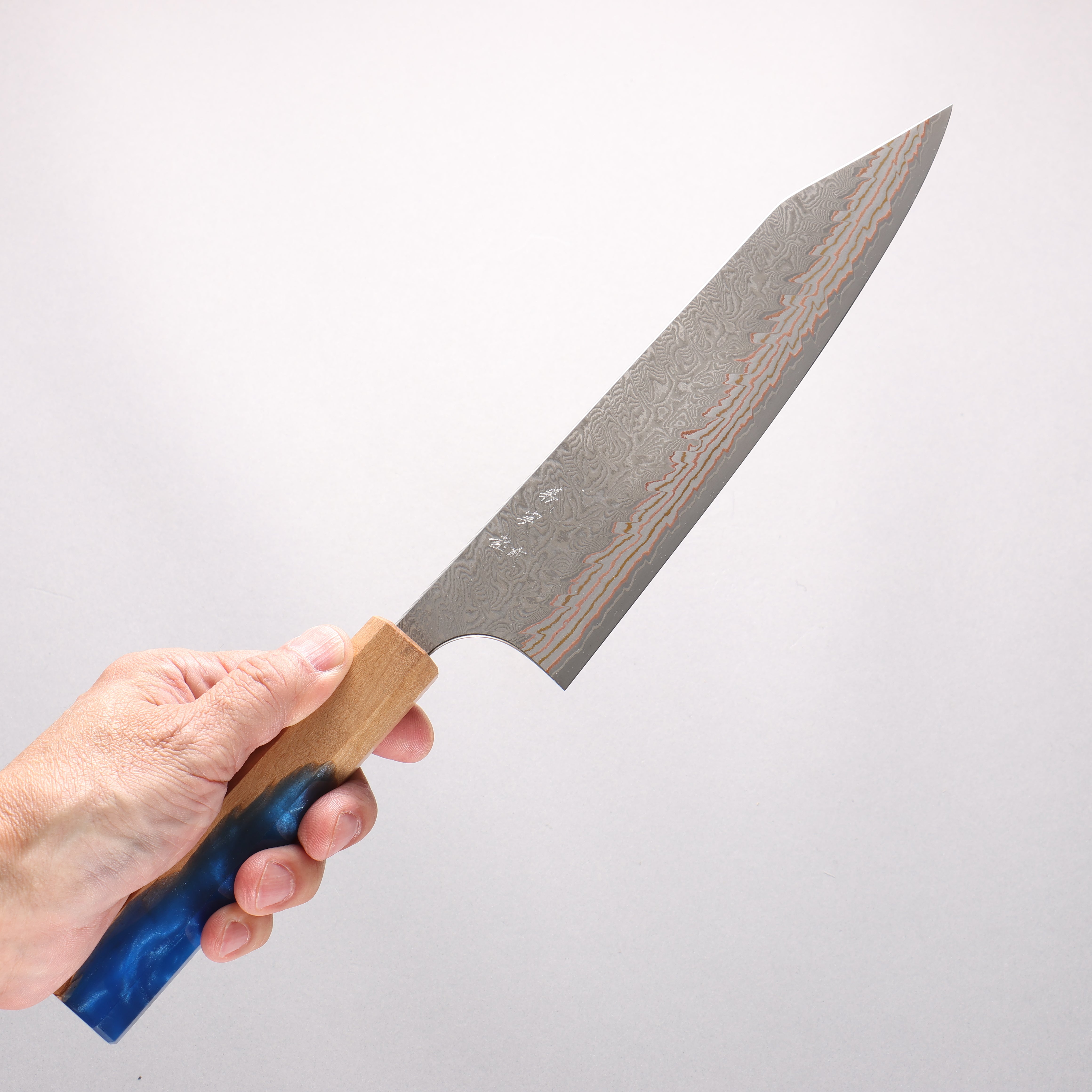 Yoshimi Kato VG10w Colored Damascus Kiritsuke Gyuto 210mm Olive Tree and Blue Resin Handle - Seisuke Knife