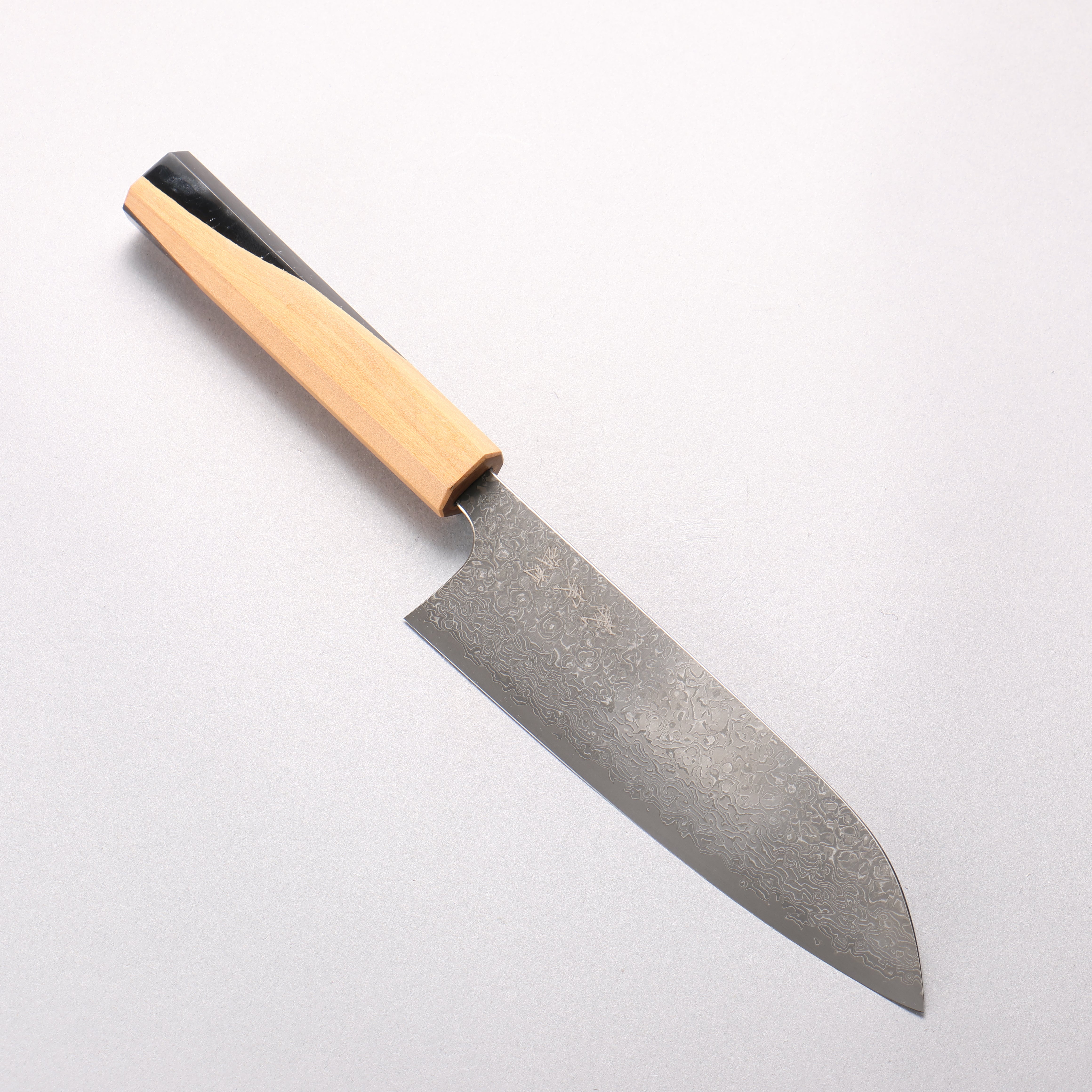 Yoshimi Kato VG10 Black Damascus Santoku 170mm Olive Tree and Black/White Marble Resin Handle - Seisuke Knife