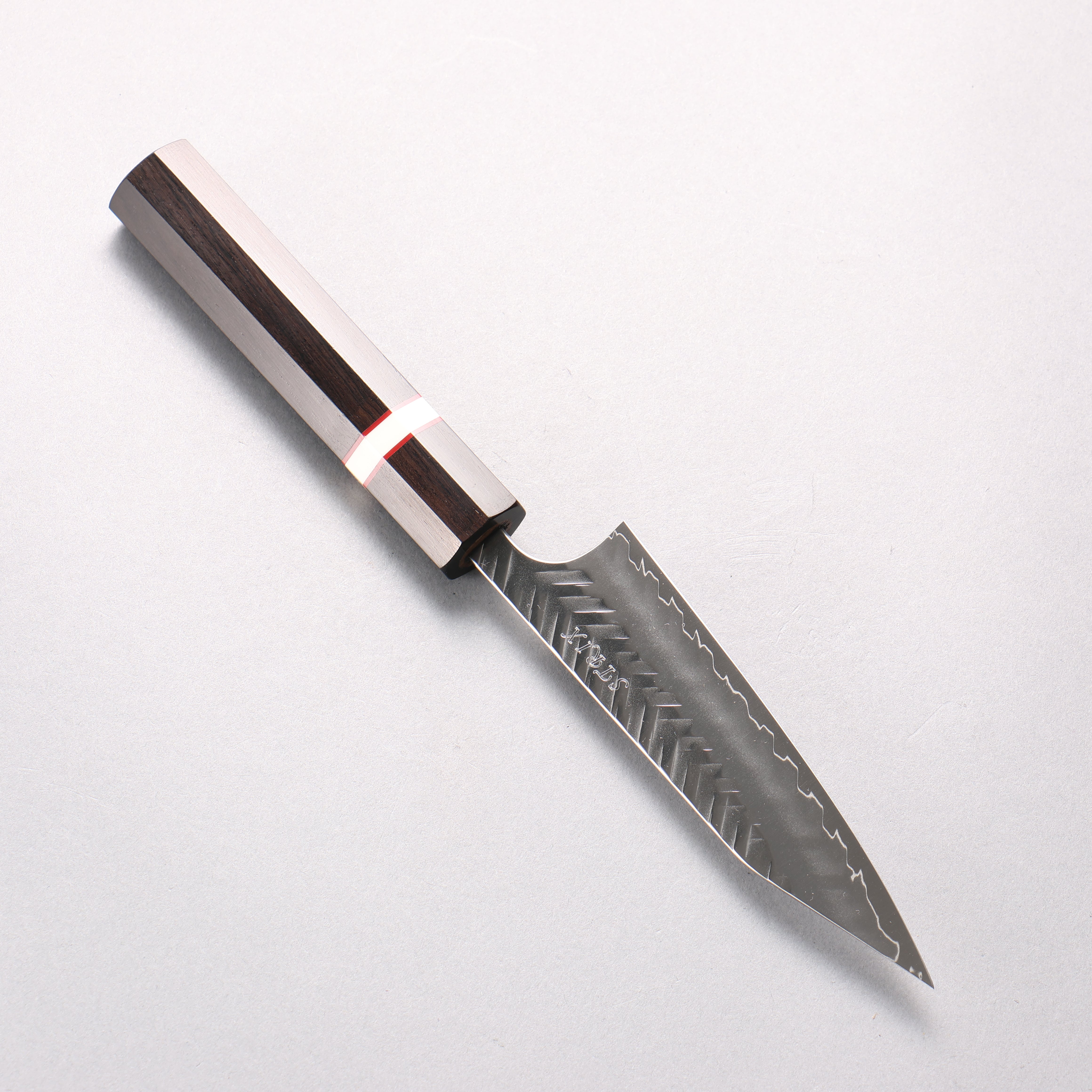 Yoshimi Kato SPG STRIX V-Hammered Kiritsuke Petty-Utility 120mm Ebony Wood & White Ring Handle - Seisuke Knife