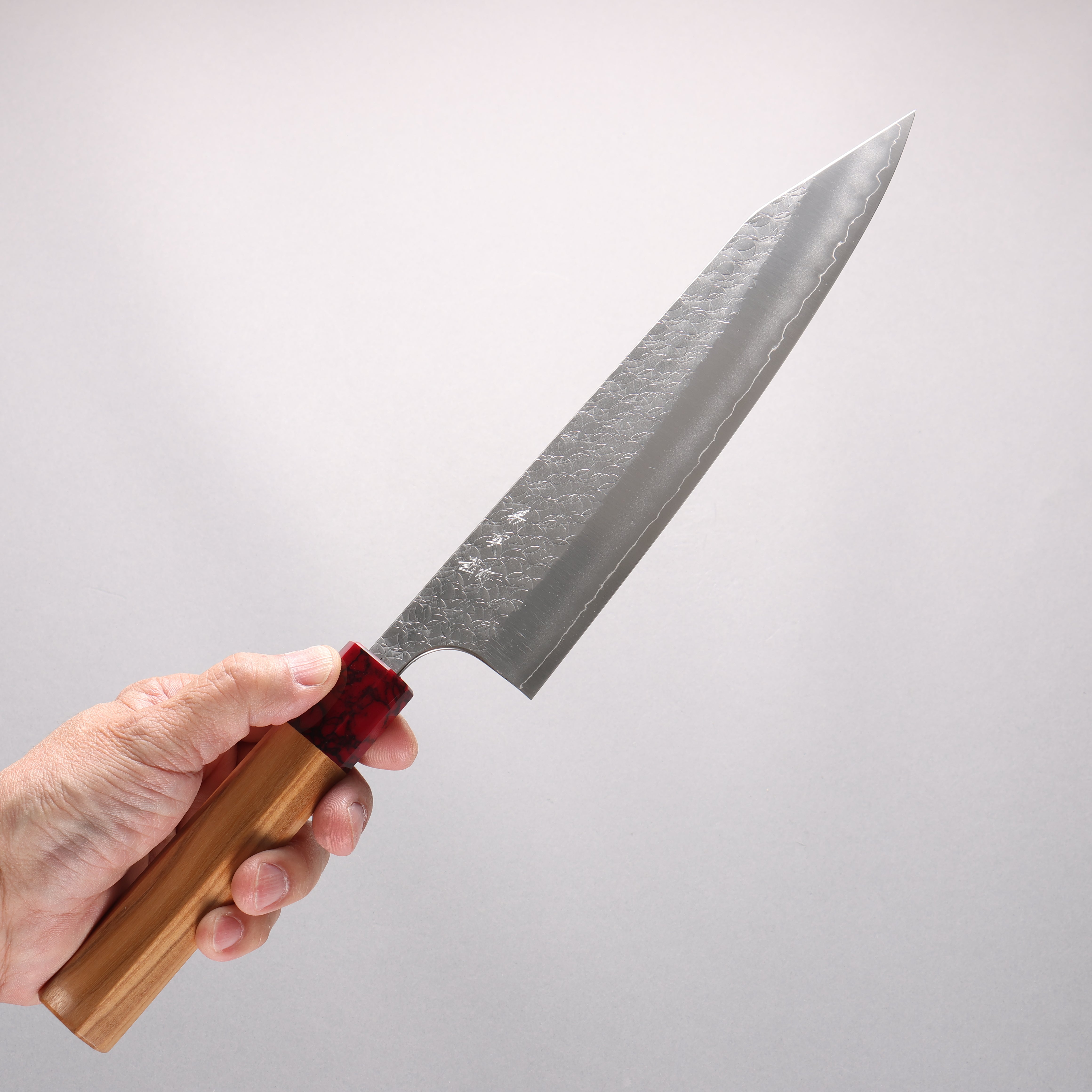Yoshimi Kato Minamo SG2 Hammered Kiritsuke Gyuto 210mm Olive Wood & Red Turquoise Handle - Seisuke Knife