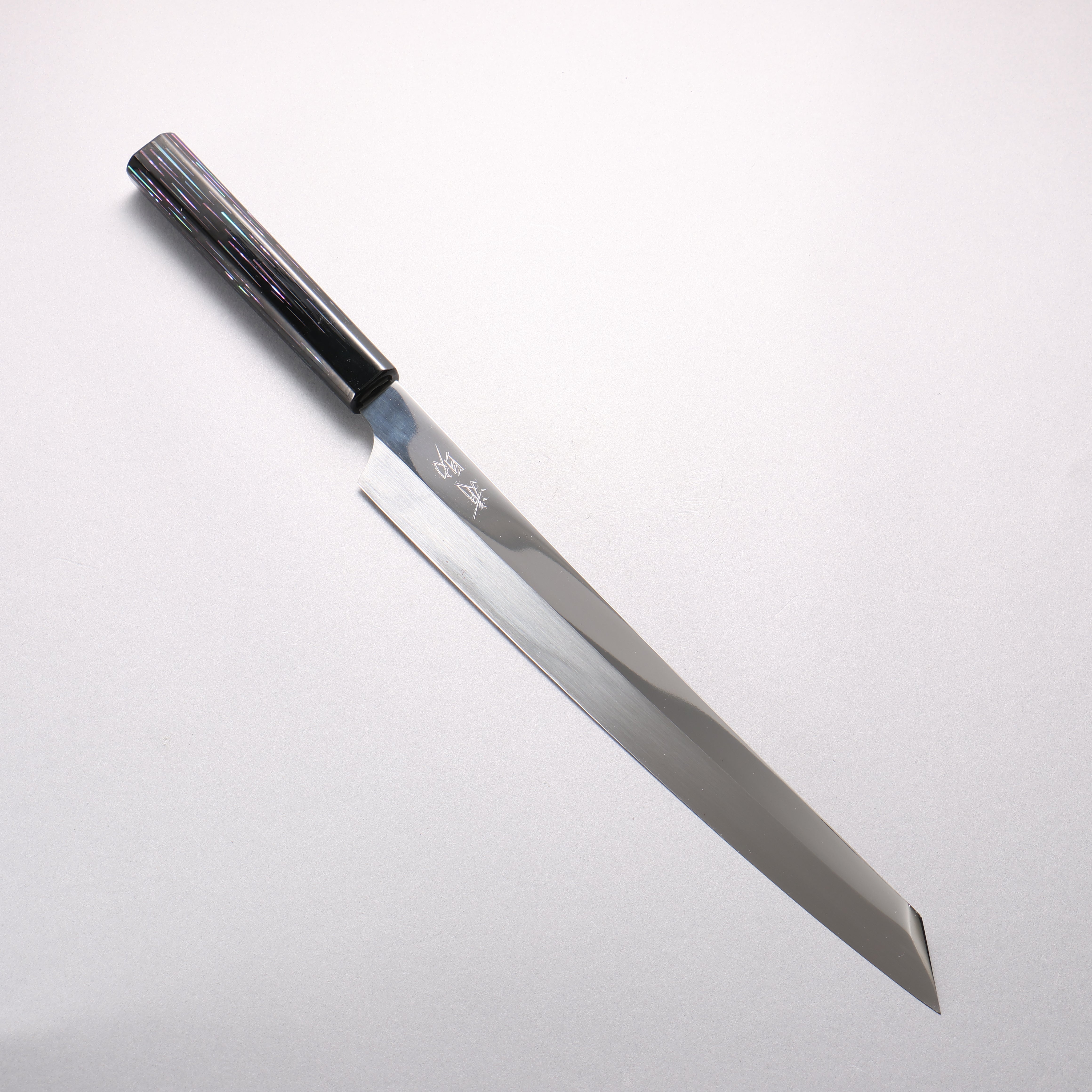 Sakai Takayuki Honyaki Hien VG10 Mirrored Finish Kengata Yanagiba 300mm Black Lacquered & Mother of Pearl Handle with Tetris Pattern Sheath - Seisuke Knife