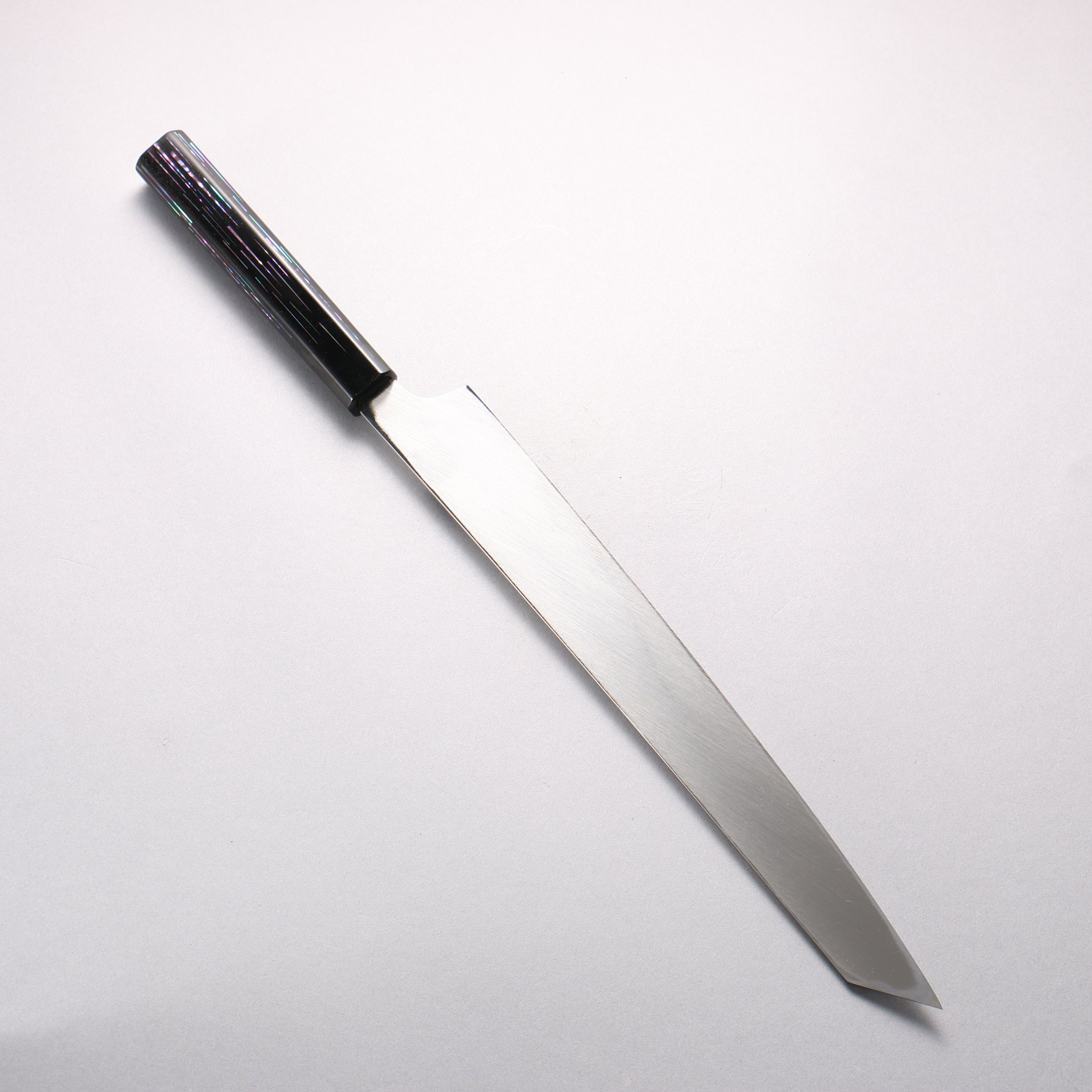 Sakai Takayuki Honyaki Hien VG10 Mirrored Finish Kengata Yanagiba 300mm Black Lacquered & Mother of Pearl Handle with Tetris Pattern Sheath - Seisuke Knife