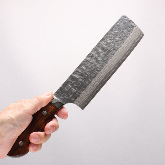Takeshi Saji SRS13 Hammered Damascus Cross Nakiri 165mm Ironwood Handle
