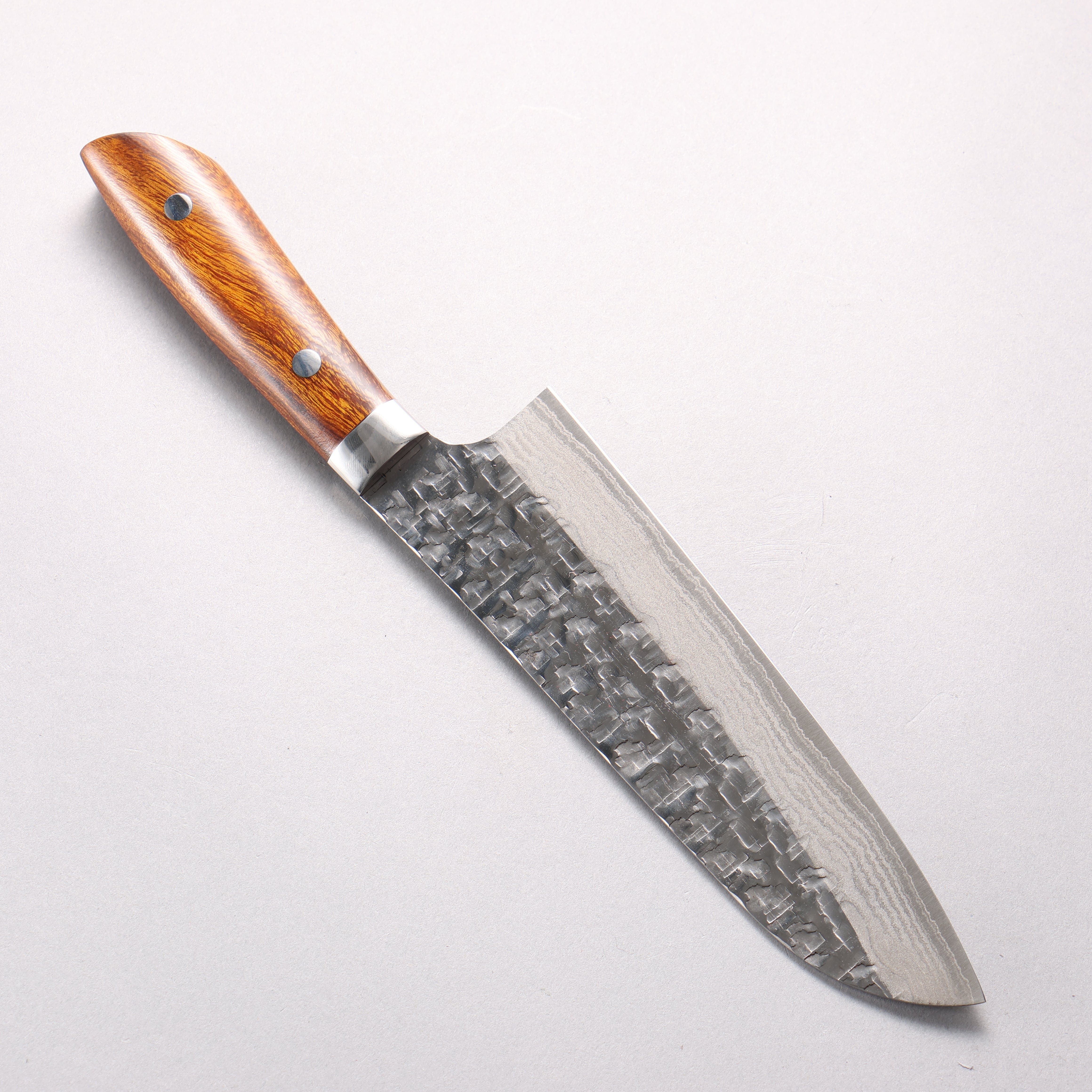 Takeshi Saji SRS13 Hammered Damascus Cross Santoku 180mm Ironwood Handle - Seisuke Knife