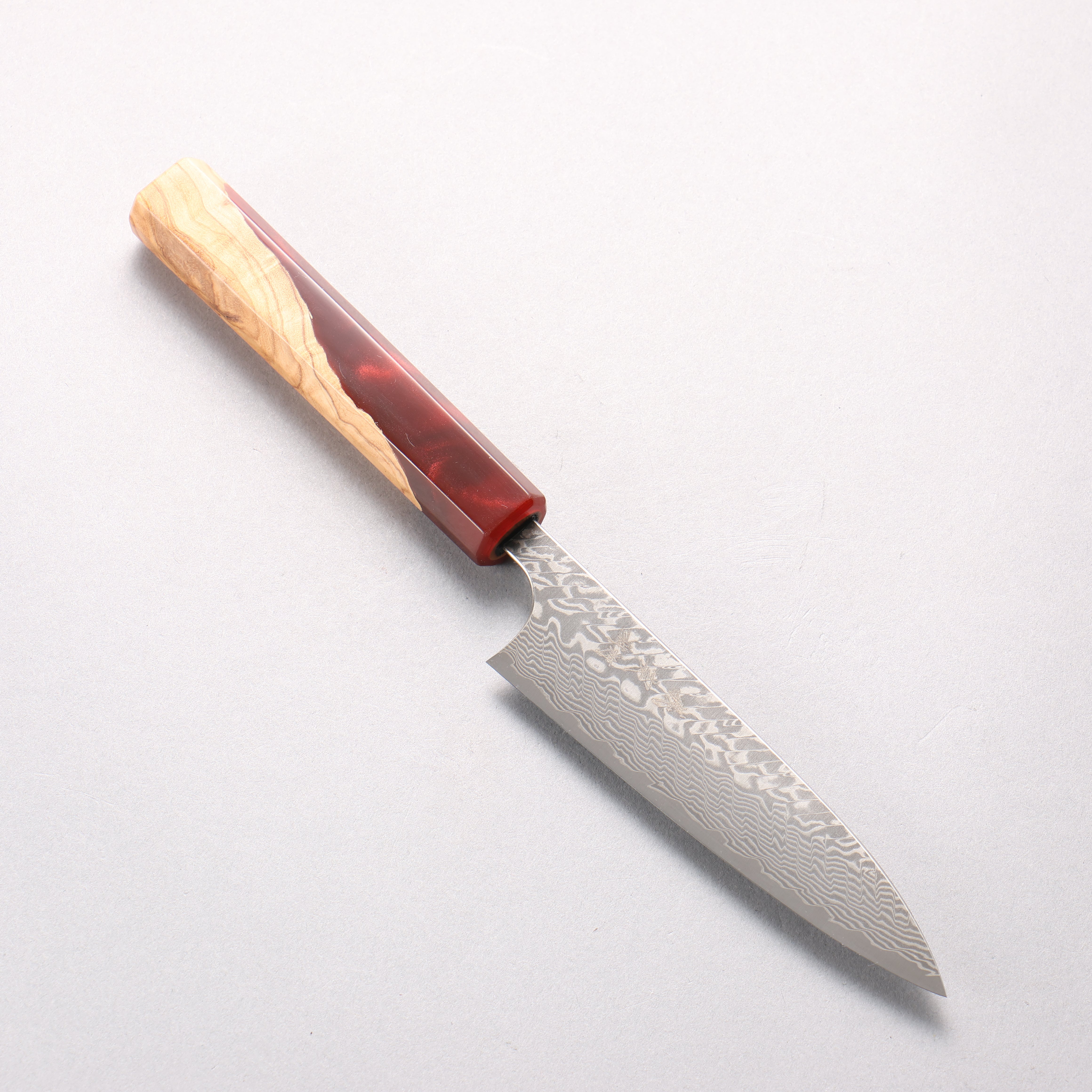 Yoshimi Kato SG2 Black Damascus Petty-Utility 120mm Olive Tree and Red Resin Handle - Seisuke Knife