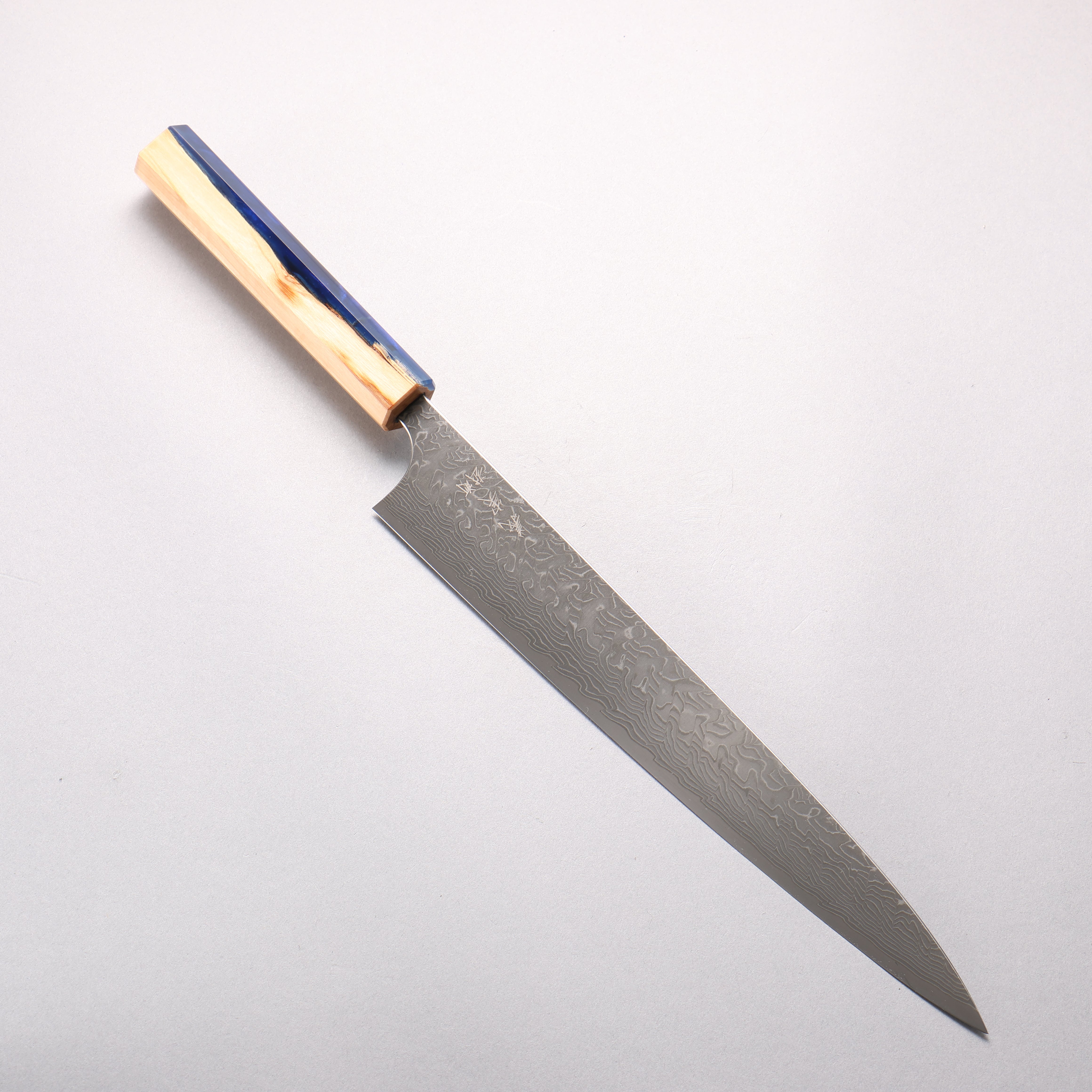 Yoshimi Kato SG2 Black Damascus Sujihiki 270mm Olive Tree and Blue Resin Handle - Seisuke Knife