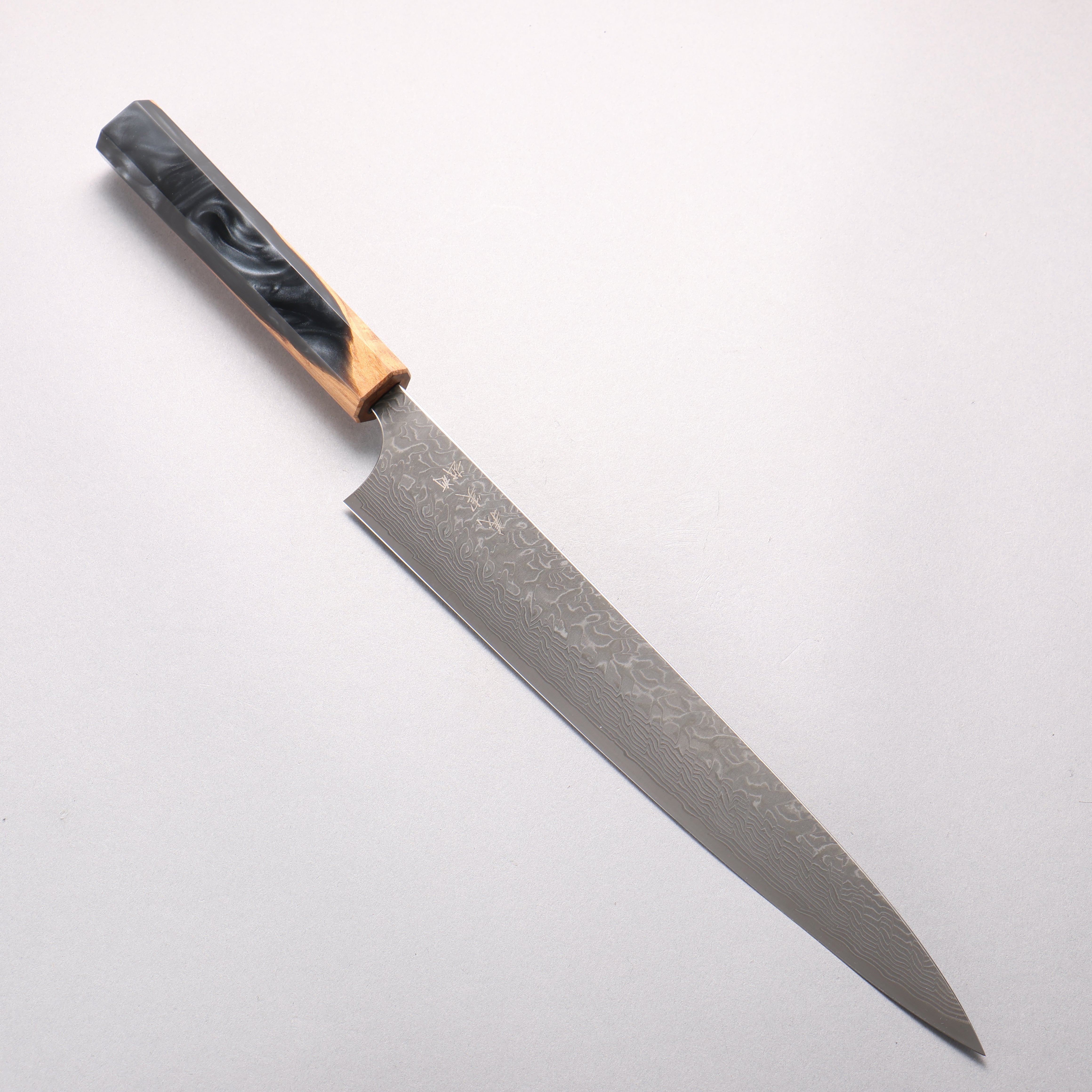 Yoshimi Kato SG2 Black Damascus Sujihiki 270mm Olive Tree and Black/White Marble Resin Handle - Seisuke Knife