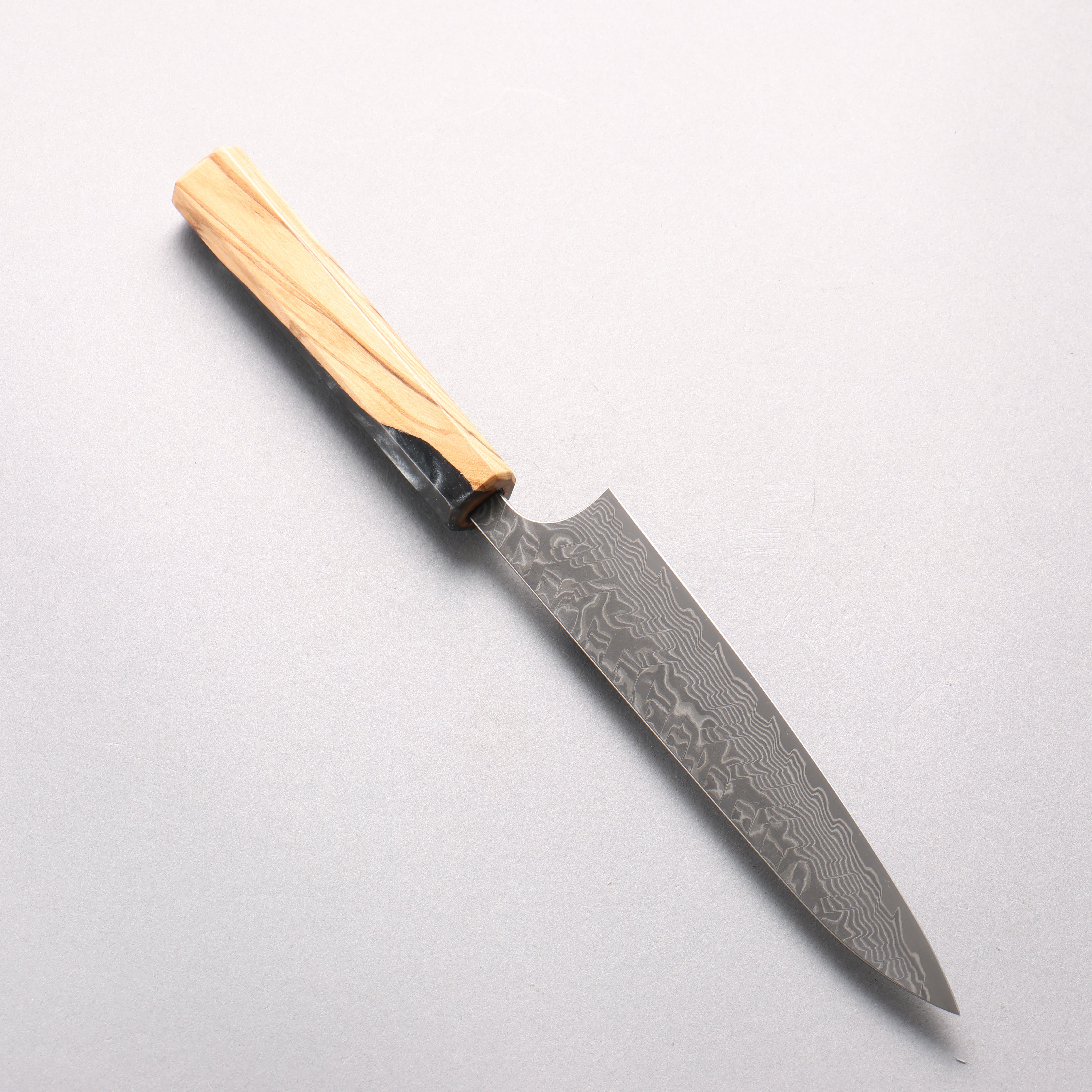 Yoshimi Kato SG2 Black Damascus Petty-Utility 150mm Olive Tree and Black/White Marble Resin Handle - Seisuke Knife