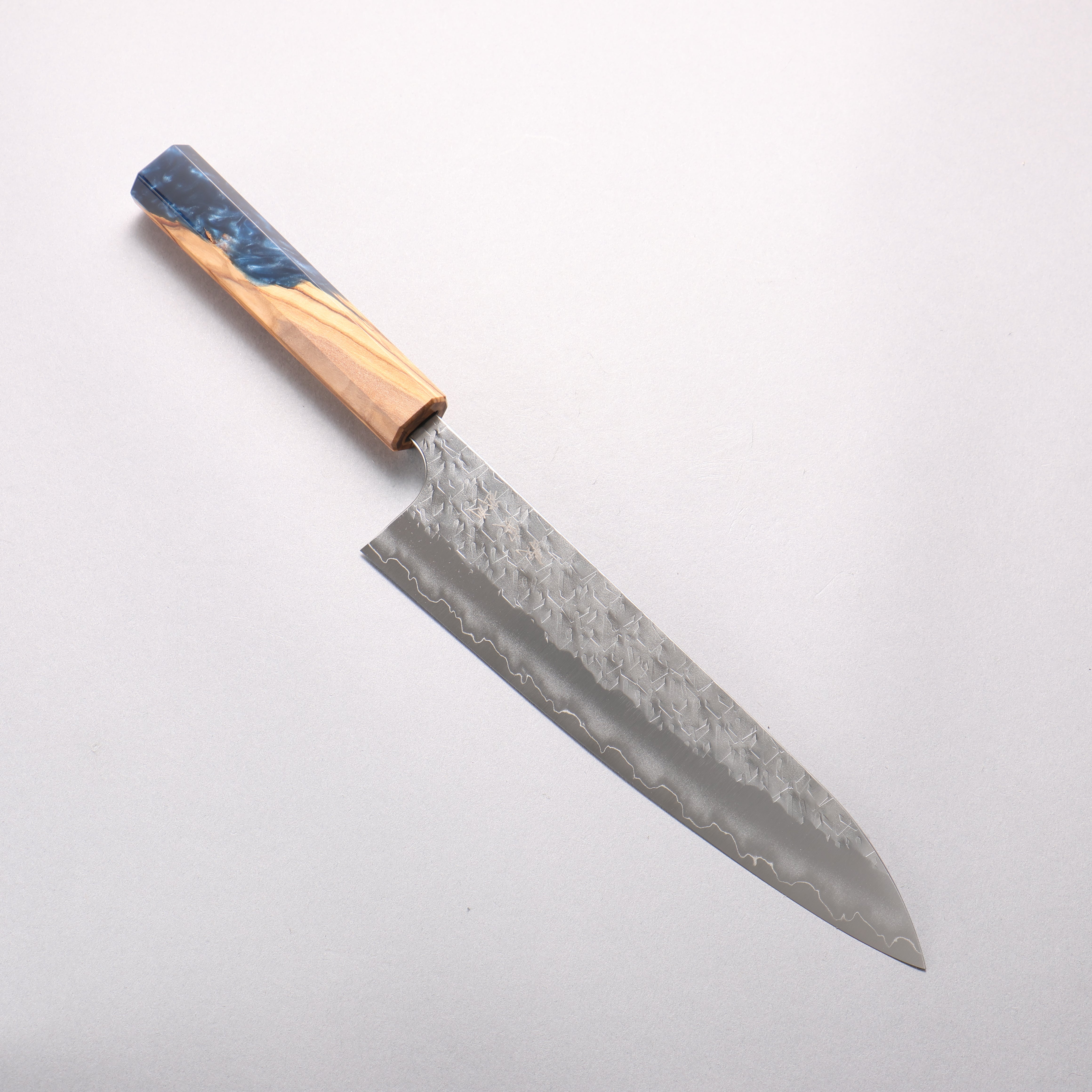 Yoshimi Kato Hyo SG2 Hammered Gyuto 210mm Olive Tree and Blue Resin Handle - Seisuke Knife