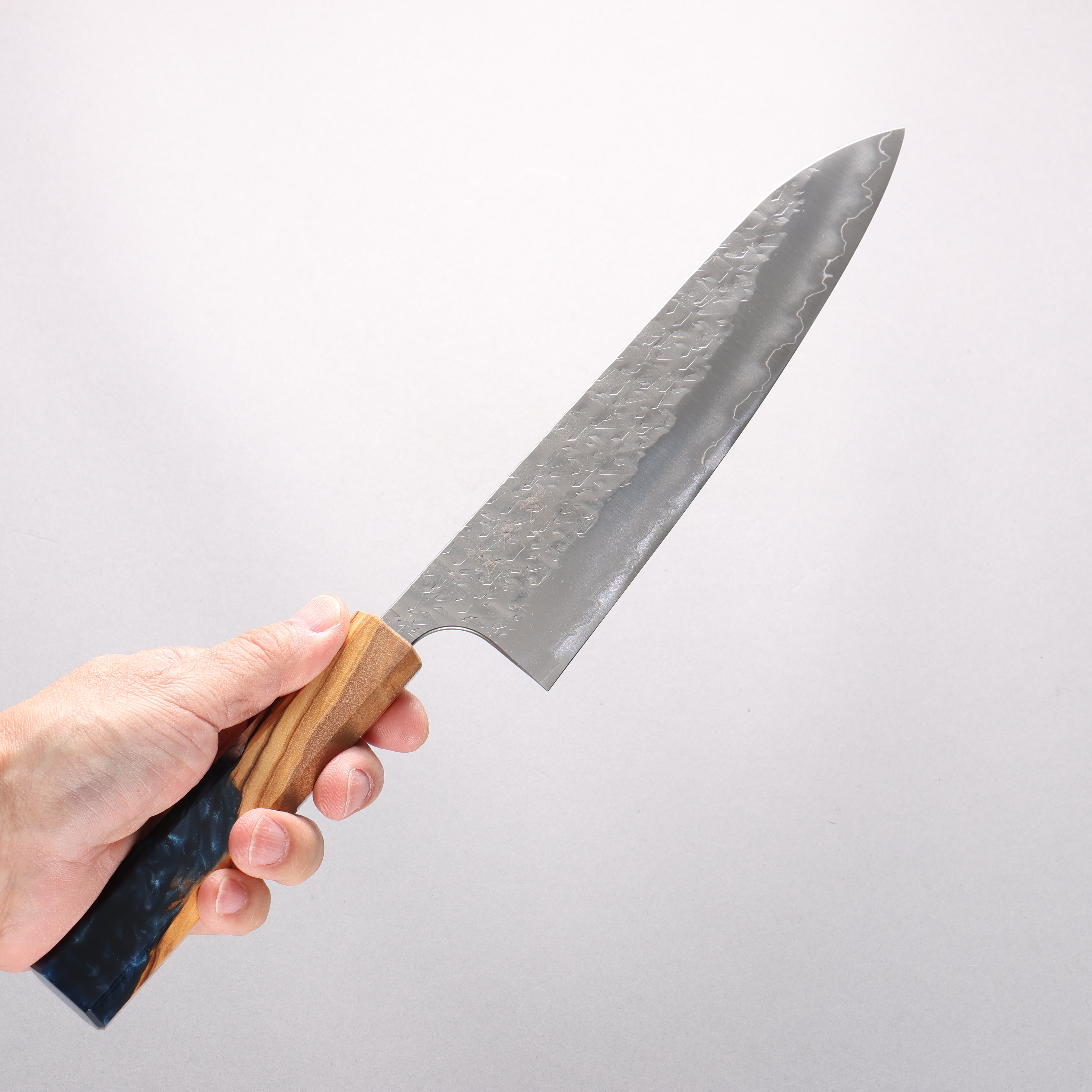 Yoshimi Kato Hyo SG2 Hammered Gyuto 210mm Olive Tree and Blue Resin Handle - Seisuke Knife