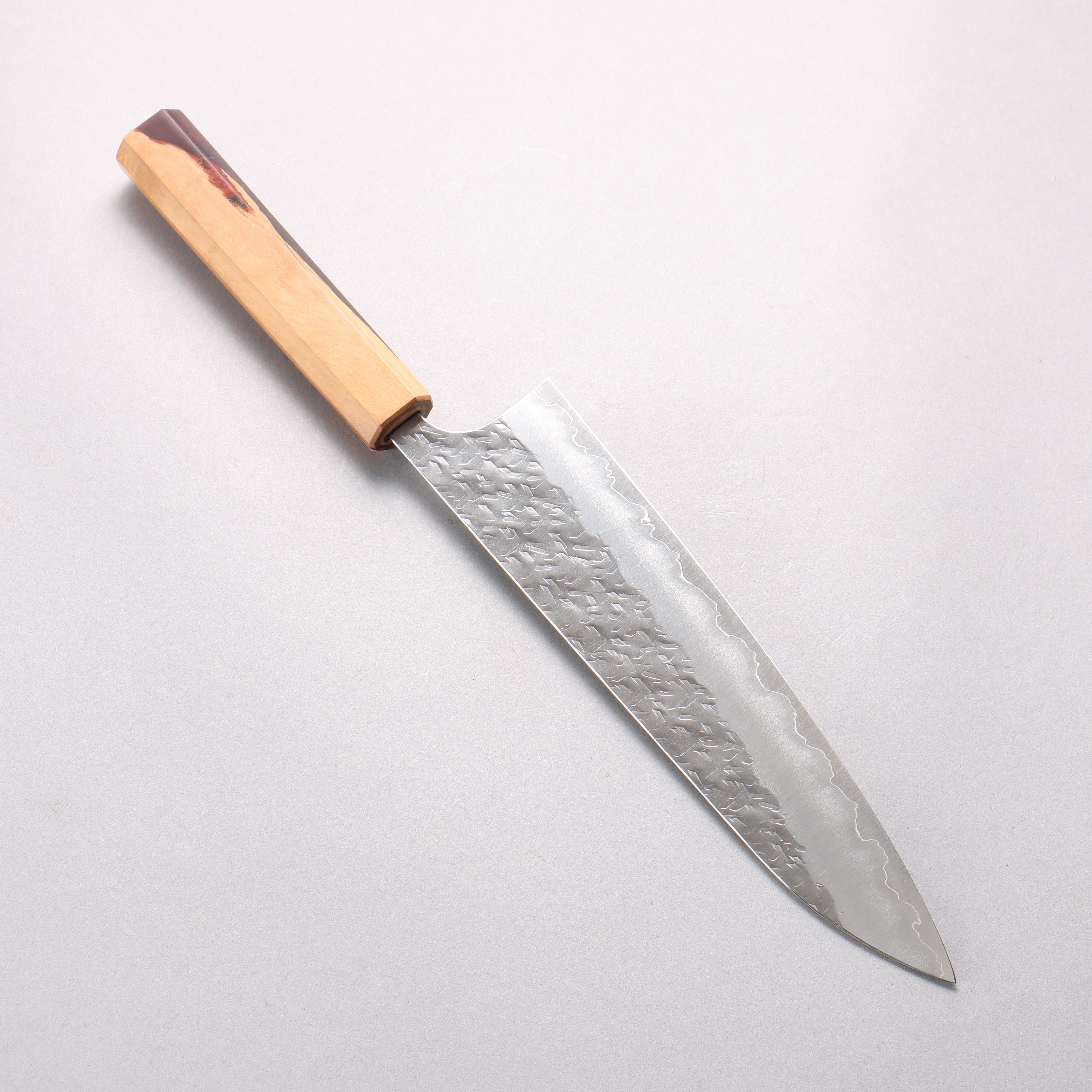 Yoshimi Kato Hyo SG2 Hammered Gyuto 210mm Olive Tree and Red Resin Handle - Seisuke Knife