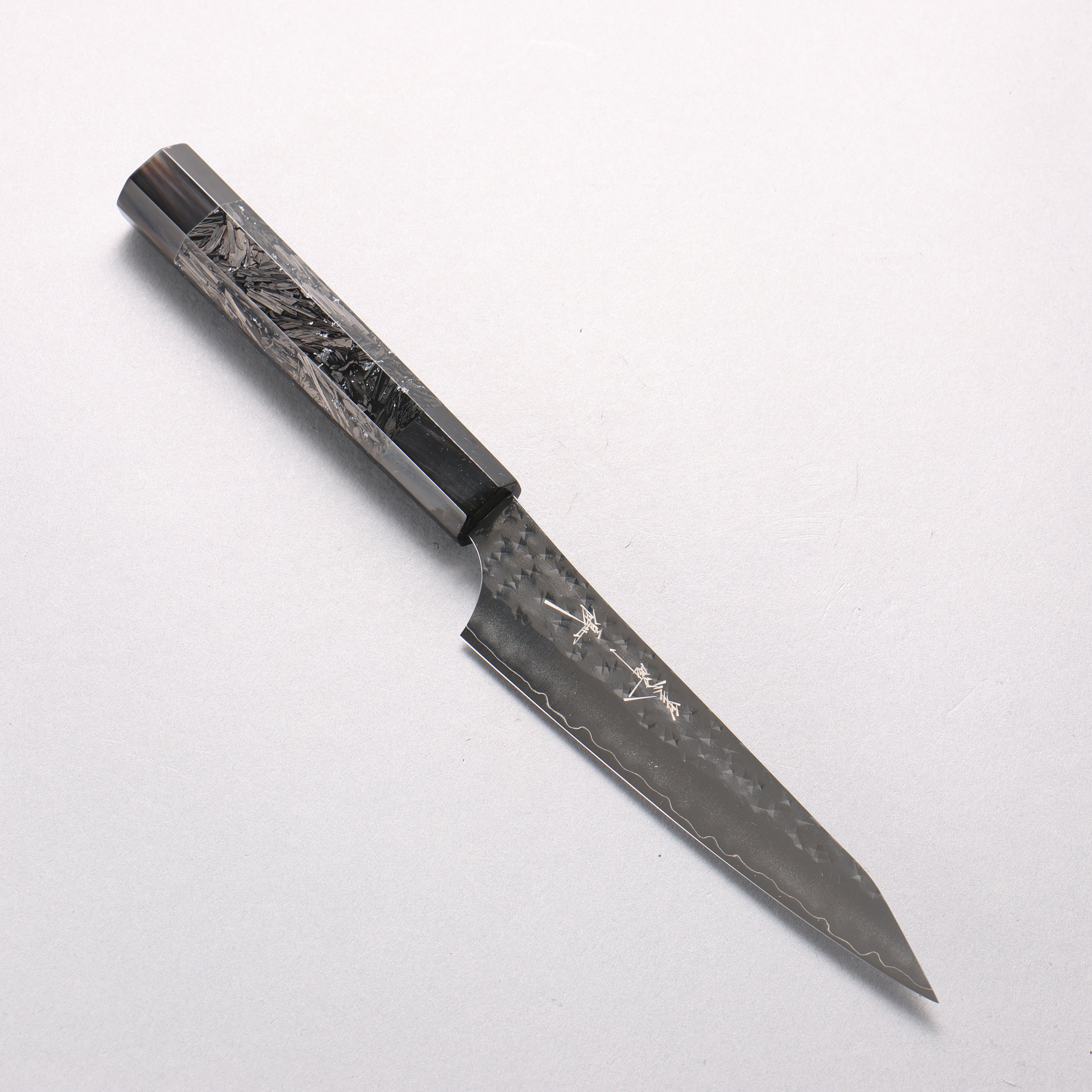 Yu Kurosaki Senko Ei SG2 Hammered Petty-Utility 130mm Silver Speckled Carbon Fiber & Black Water Buffalo Horn Handle - Seisuke Knife