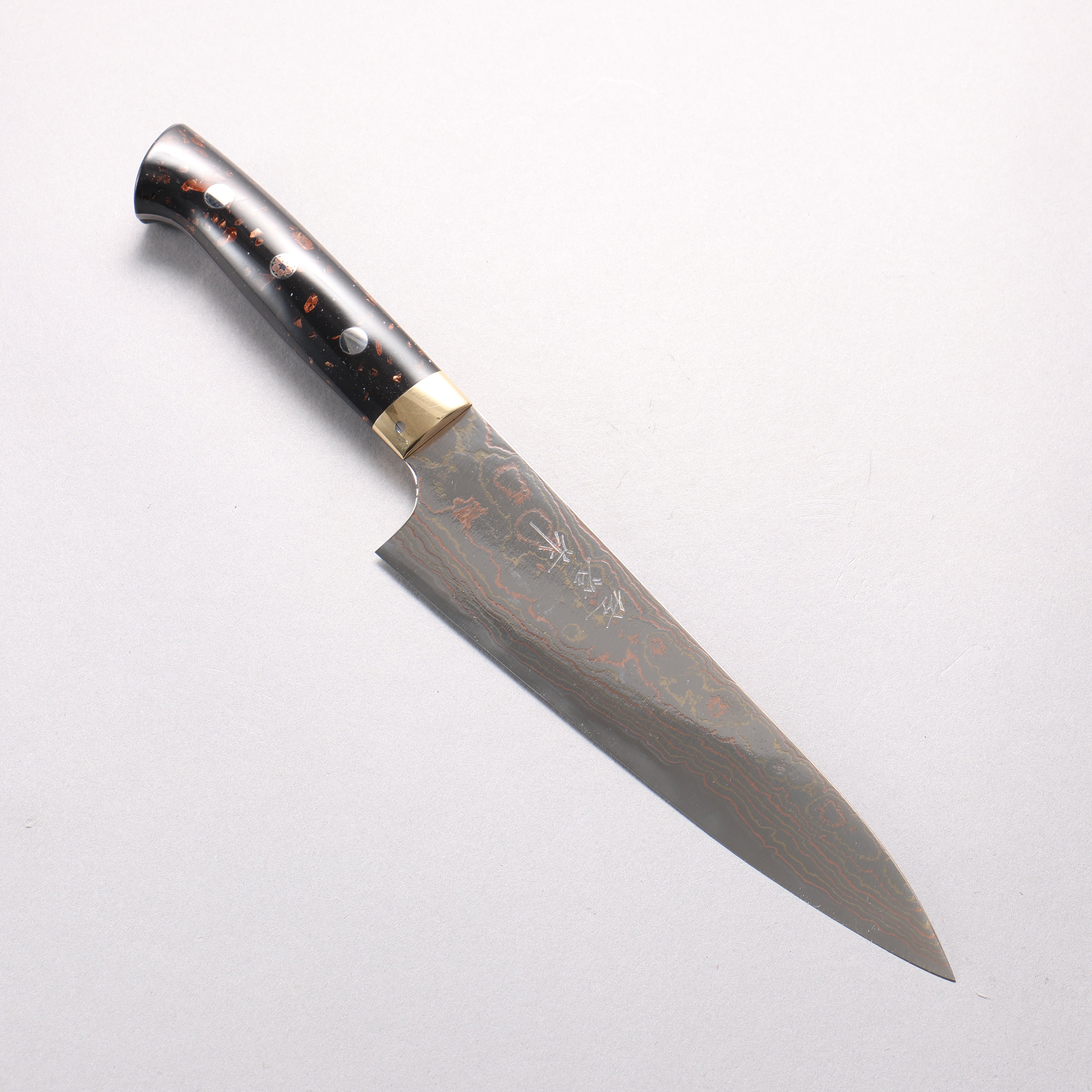 Takeshi Saji Blue Steel No.2 Colored Damascus Gyuto 180mm Black/Brown Corian Handle - Seisuke Knife