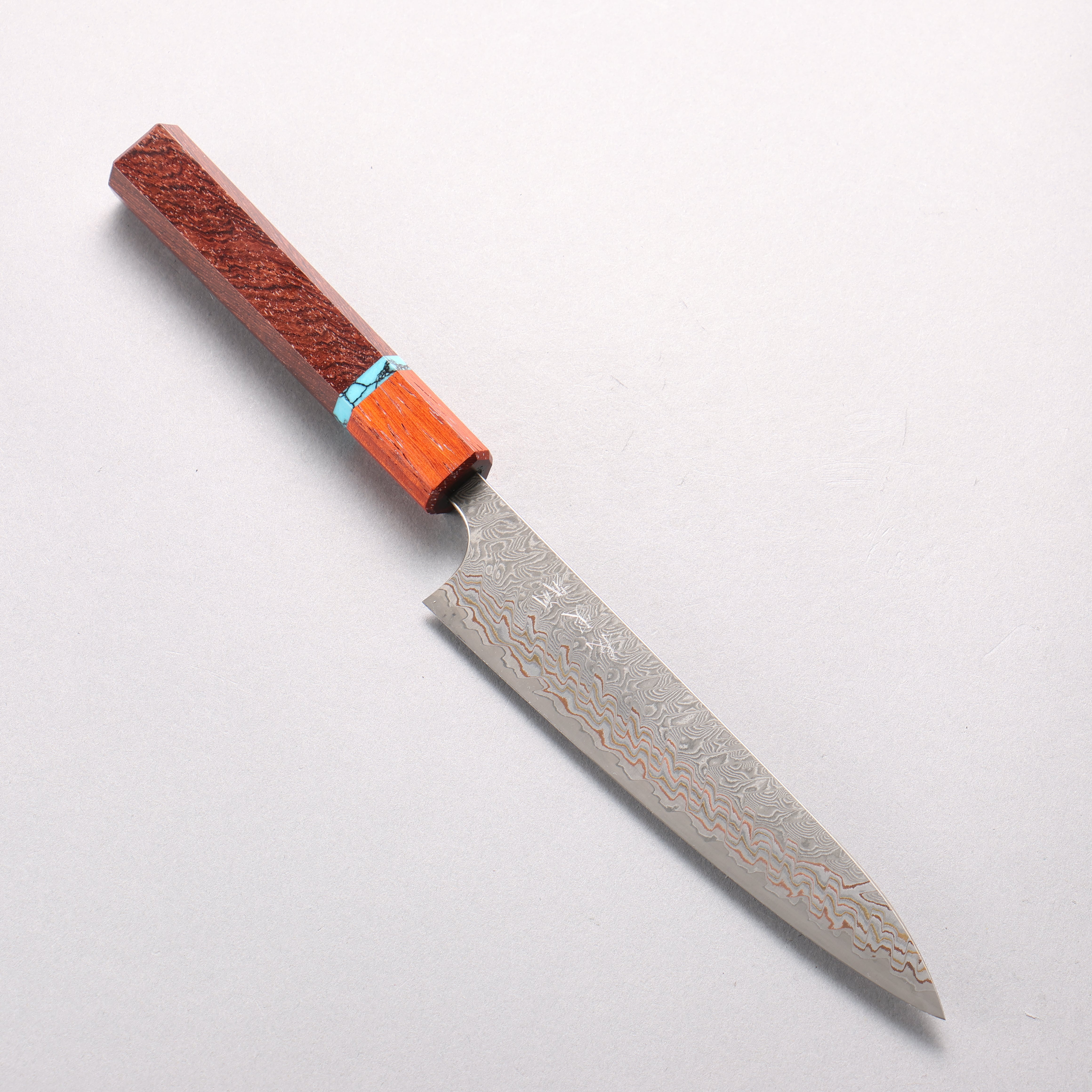 Yoshimi Kato VG10w Colored Damascus Petty-Utility 150mm Rosewood (Turquoise Ring) Handle - Seisuke Knife