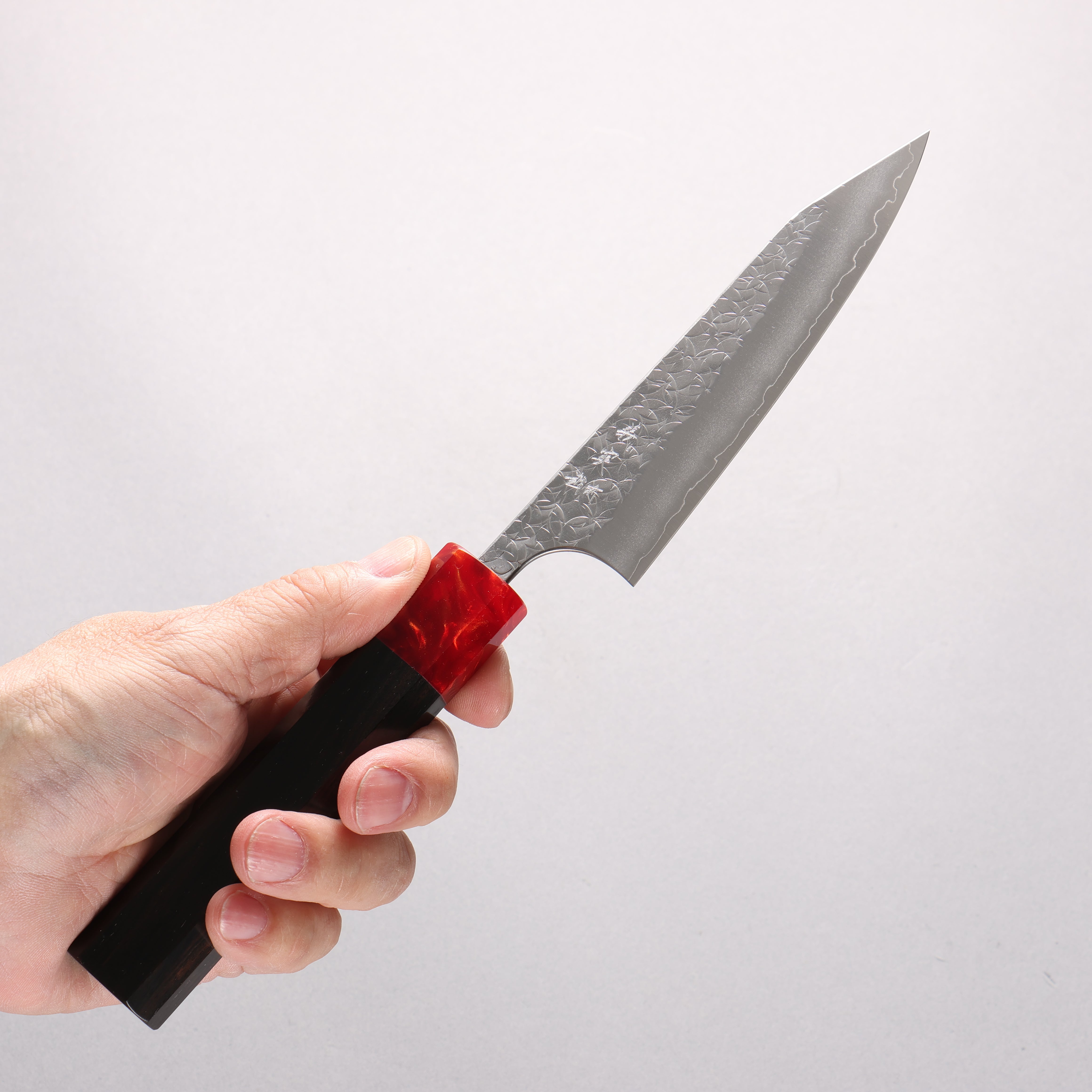 Yoshimi Kato Minamo SG2 Hammered Kiritsuke Petty-Utility 120mm Ebony (ferrule: Red Resin) Handle - Seisuke Knife