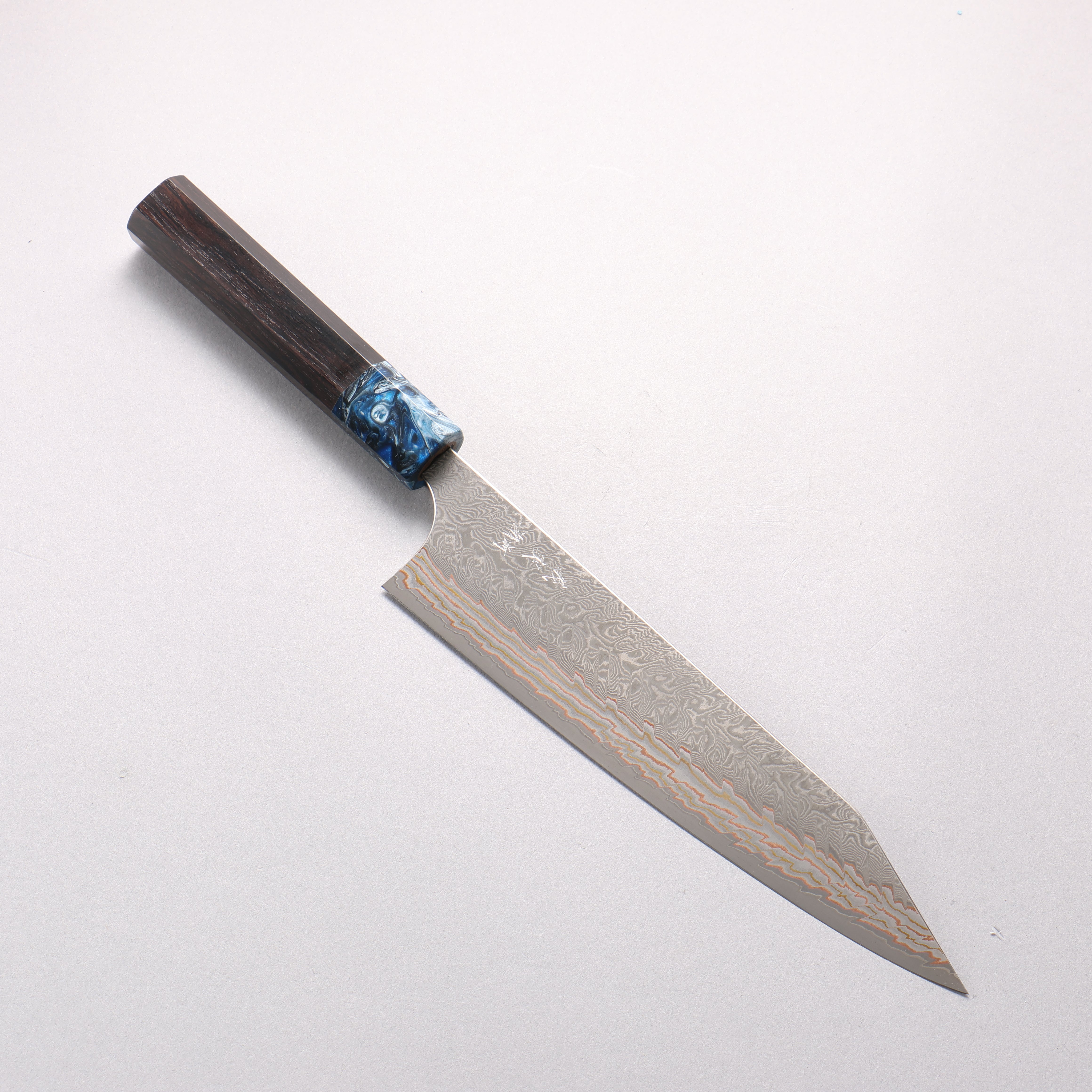 Yoshimi Kato VG10w Colored Damascus Kiritsuke Gyuto 210mm Ebony (ferrule: Blue Marble Resin) Handle - Seisuke Knife