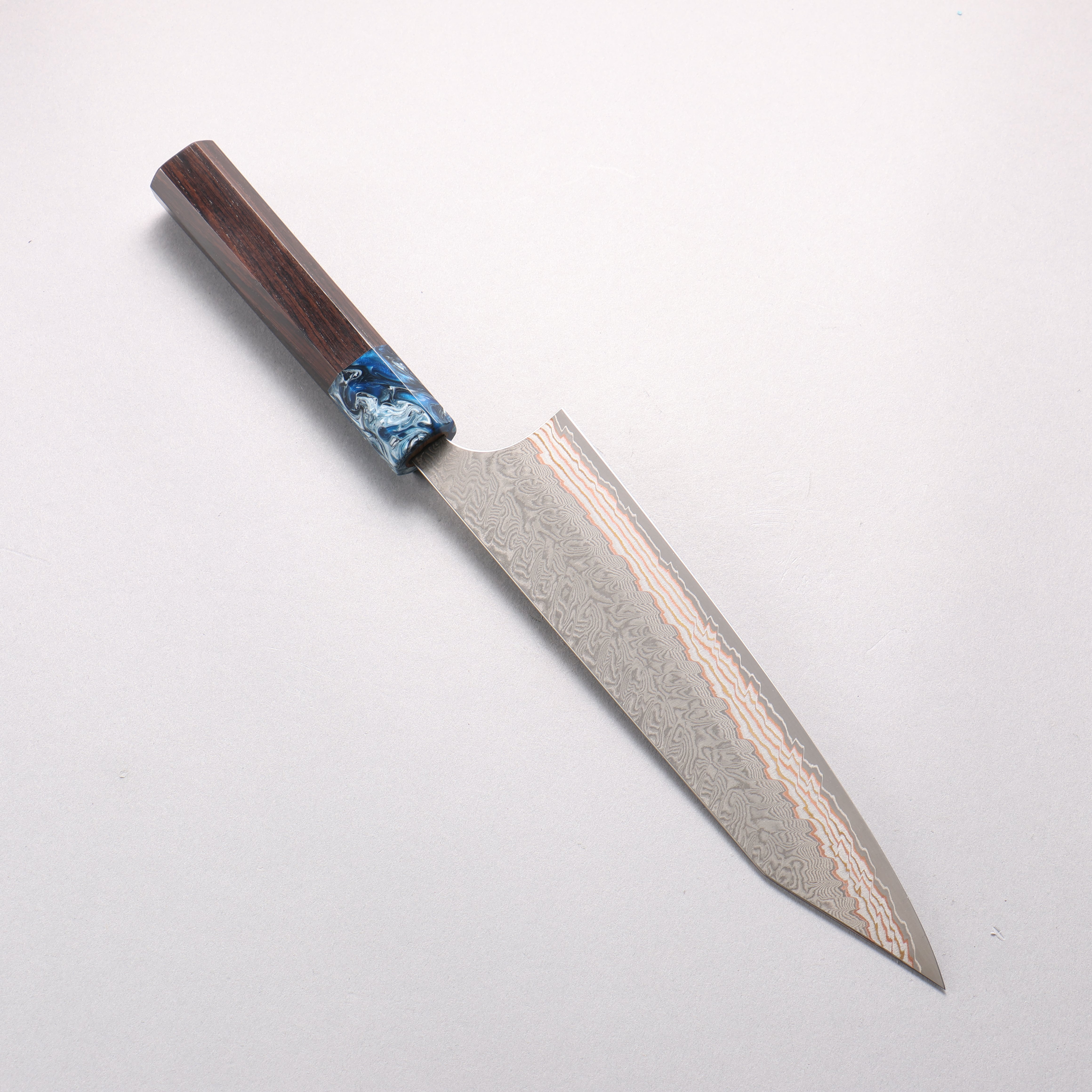 Yoshimi Kato VG10w Colored Damascus Kiritsuke Gyuto 210mm Ebony (ferrule: Blue Marble Resin) Handle - Seisuke Knife